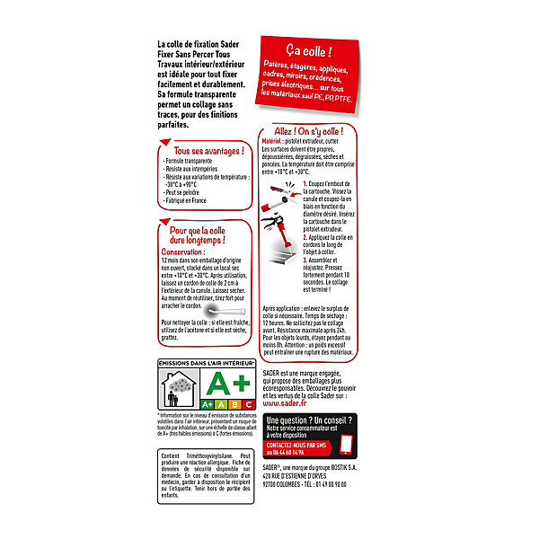 Colle de fixation Sader Fixer Sans Percer Tous Travaux intérieur/extérieur transparent 290g