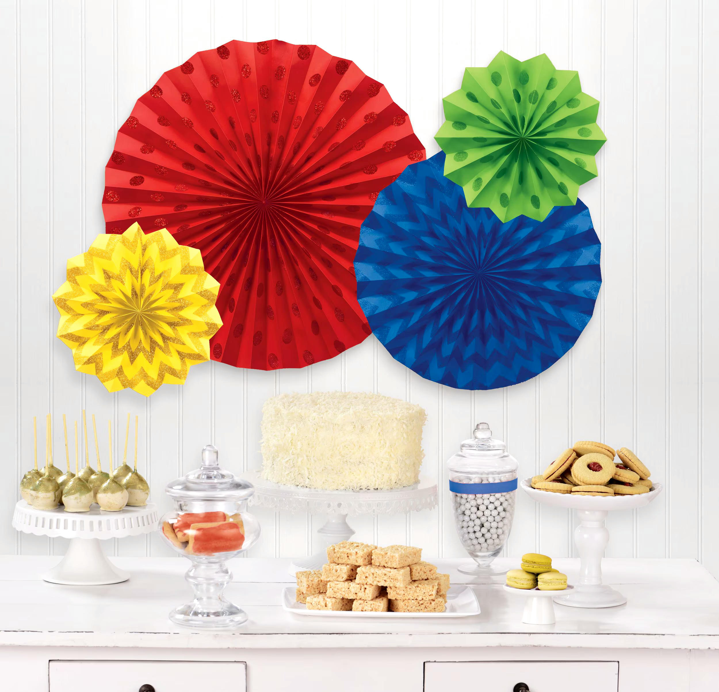 Glitter Polka Dot & Chevron Paper Fan Decorations, 4-pc