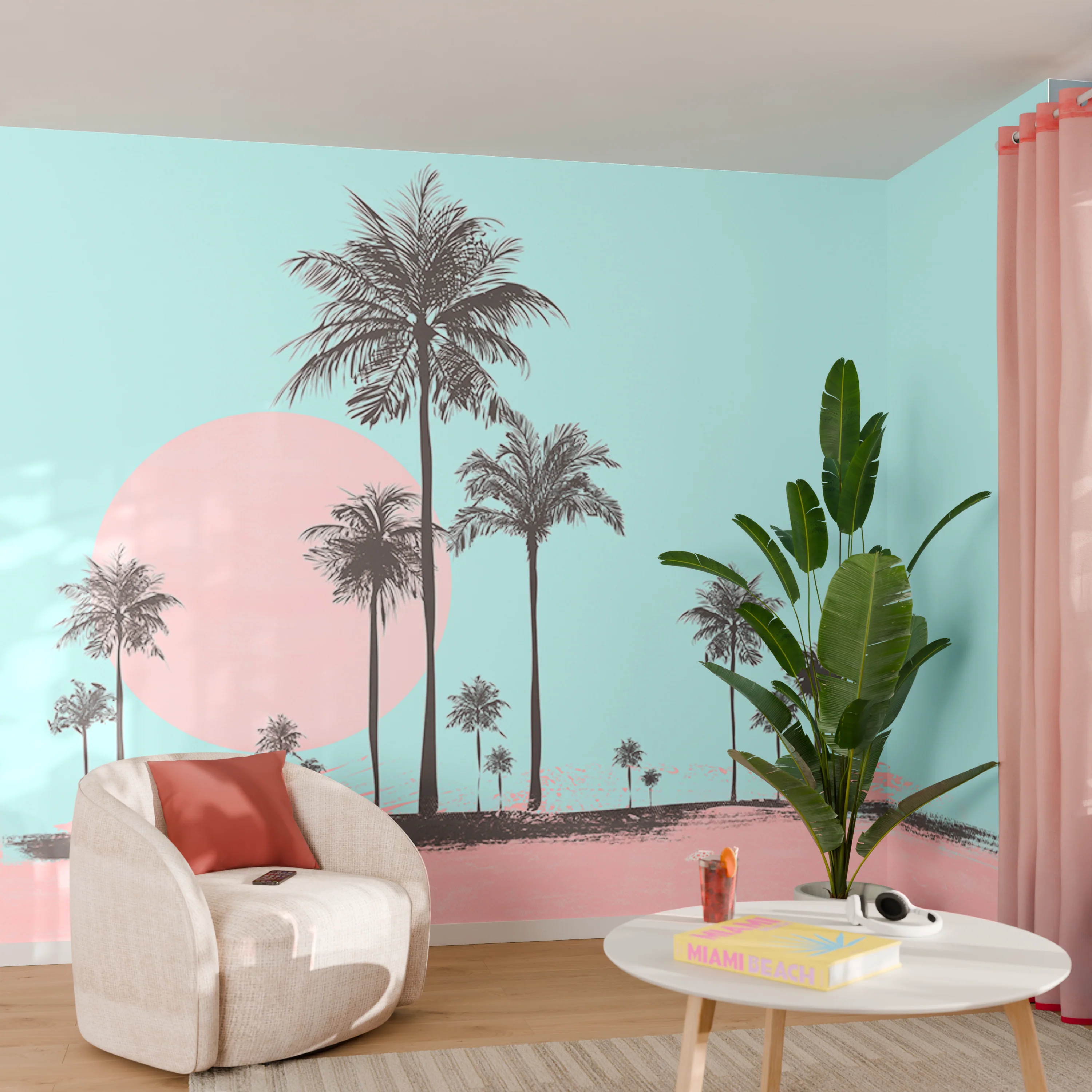 Papier peint panoramique XL MIAMI WALK 400 x 270 cm bleu turquoise et rose poudré