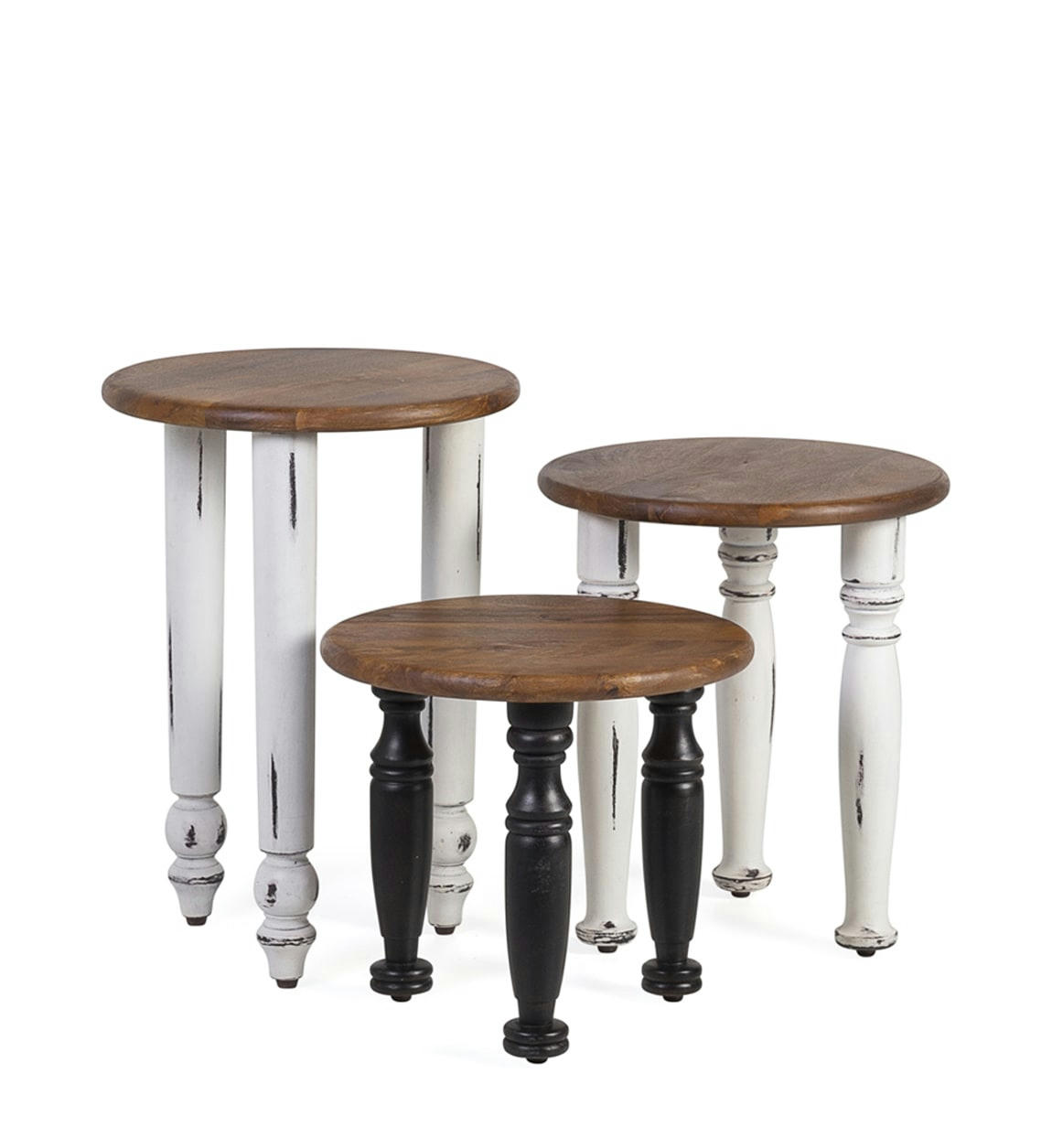 FLORENCIA - Set de 3 tables en bois marron, blanc et noir diamètre 40 cm