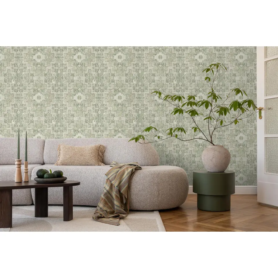 ESTAhome behang oosters kelim tapijt vergrijsd groen - 50 x 900 cm