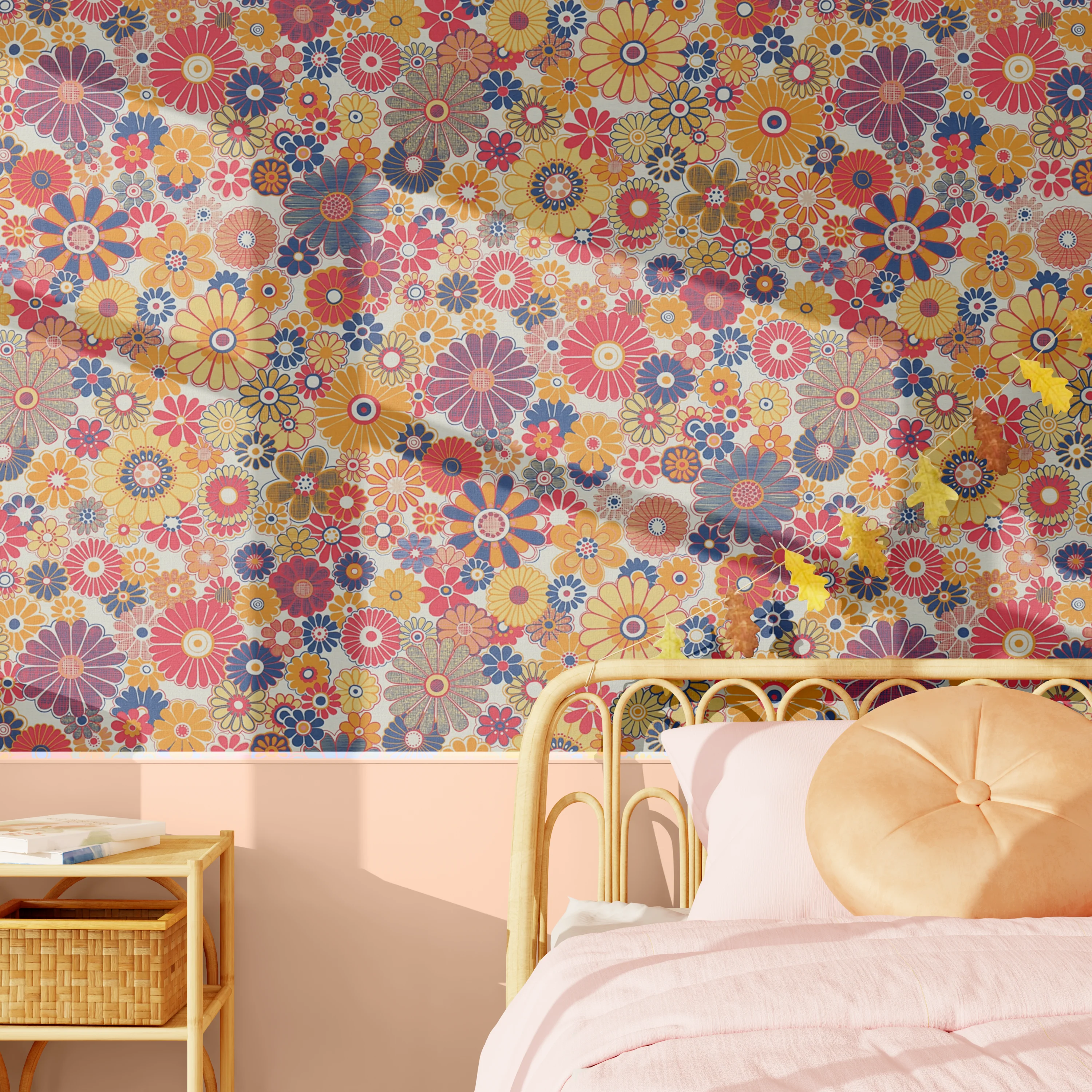 Papier peint intissé DONATILLE orange clair, rose framboise et bleu violacé