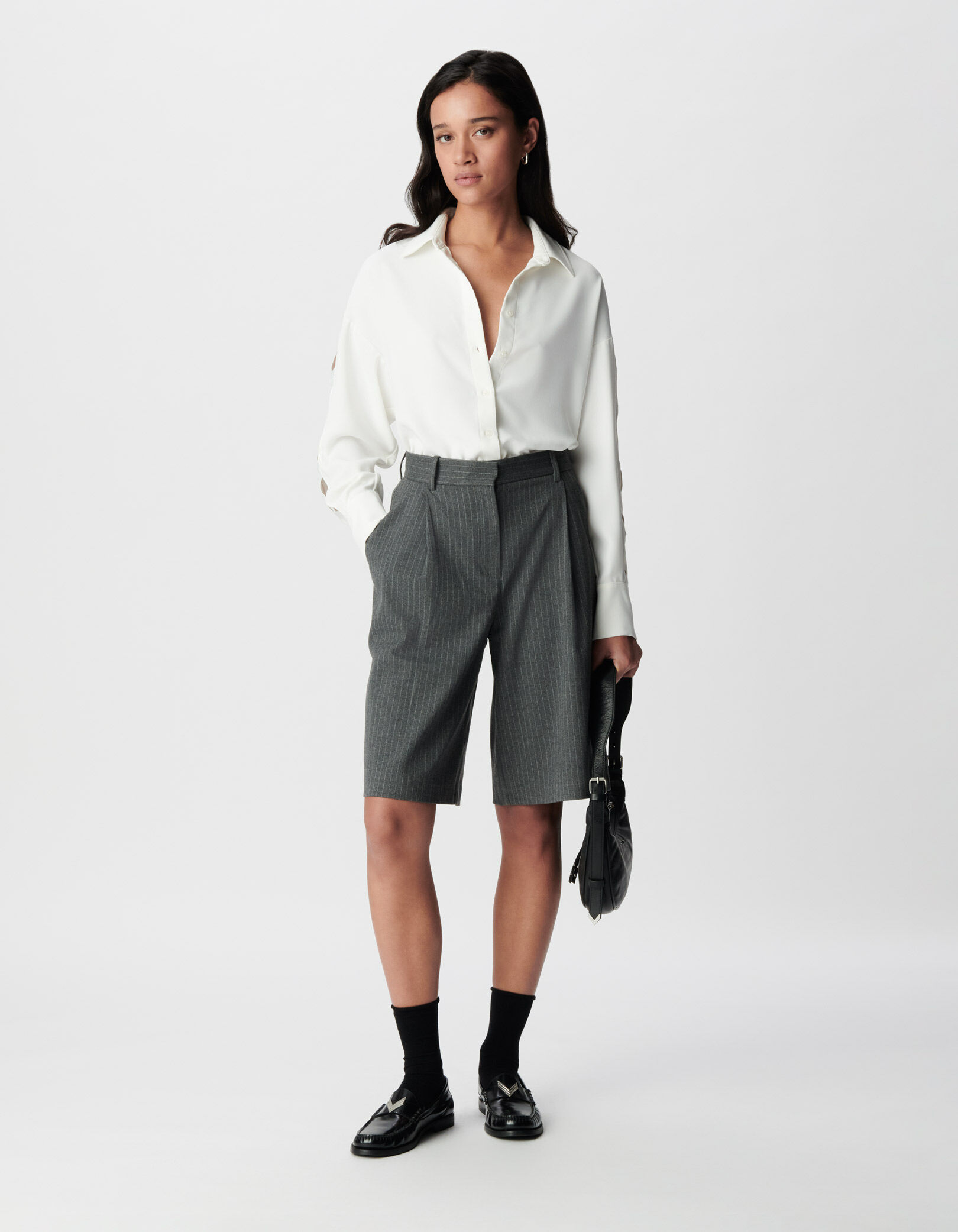 Chemise noire manches longues ajourées Femme