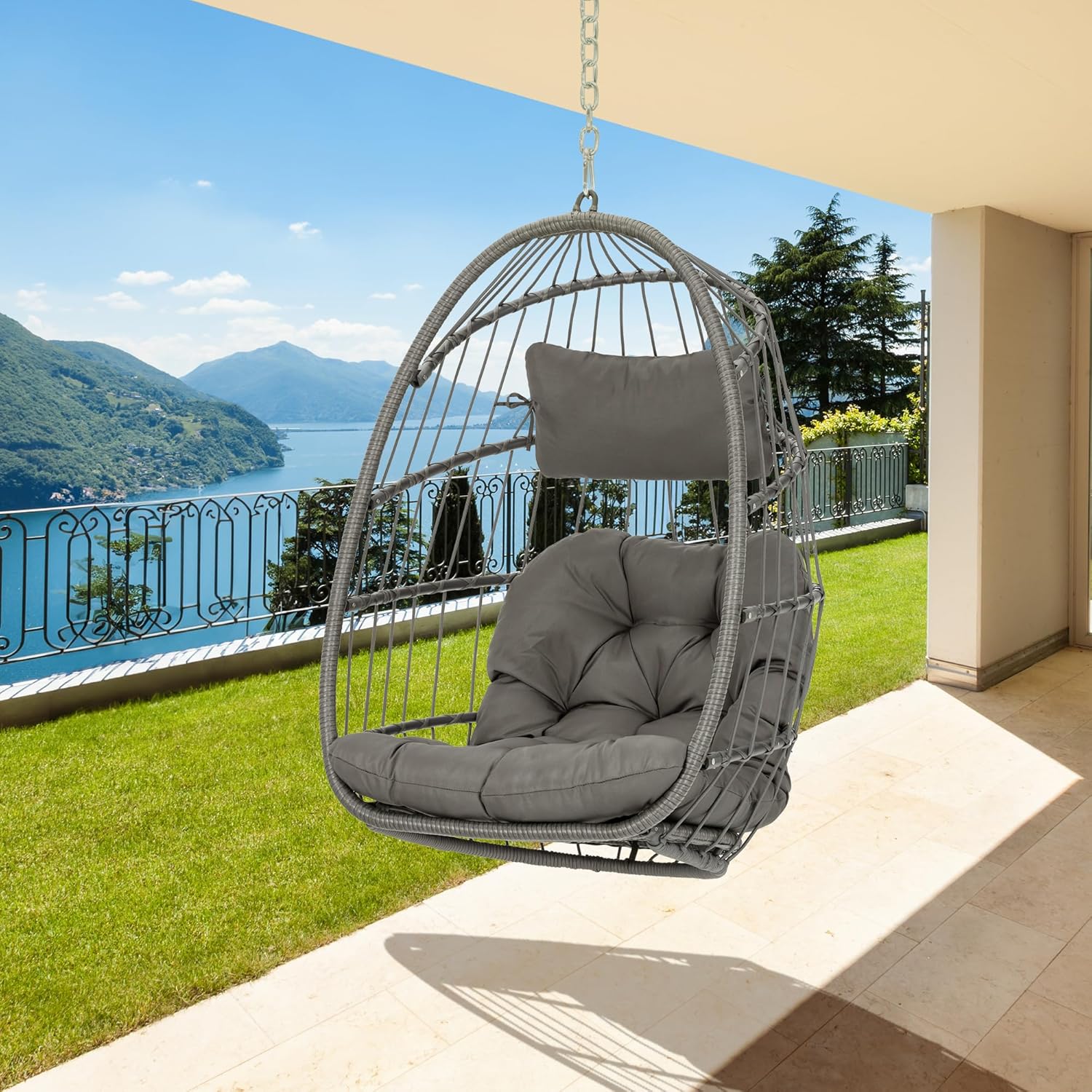 Brafab Wicker Rattan Hammock Egg Hanging Chair with Chain, Rusty Resistant Aluminum Frame and UV Cushion, Indoor Outdoor Bedroom Patio Porch Folding Camping Chair(Without Stand)