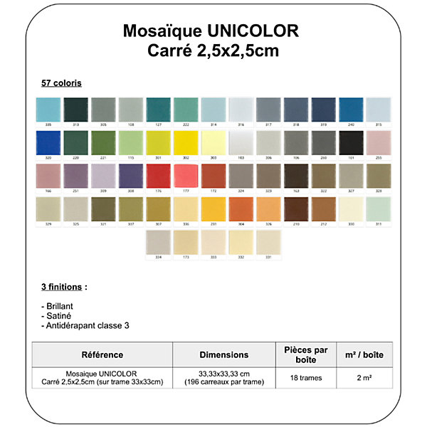 Mosaïque pâte de verre UNICOLOR CARRé 2.3x2.3cm couleur : 337 Anti-dérapant Classe 3 boite de 2 m2