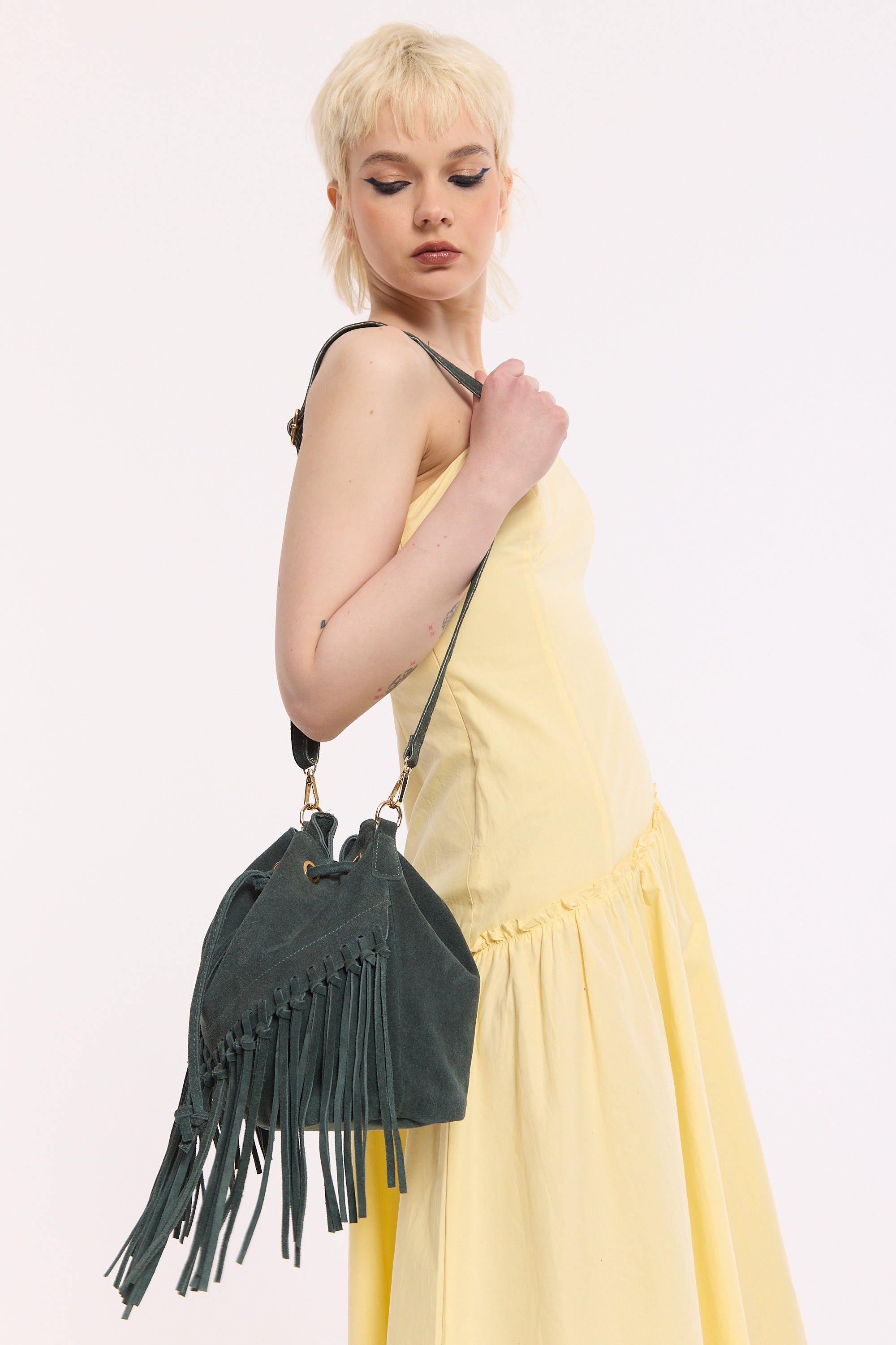 House of Holland Forest Green Suede Fringe Bucket Bag