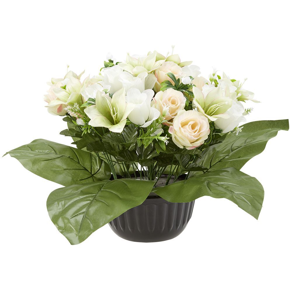Pot rose lys H38 cm jaune blanc - Fleur artificielle 32 têtes