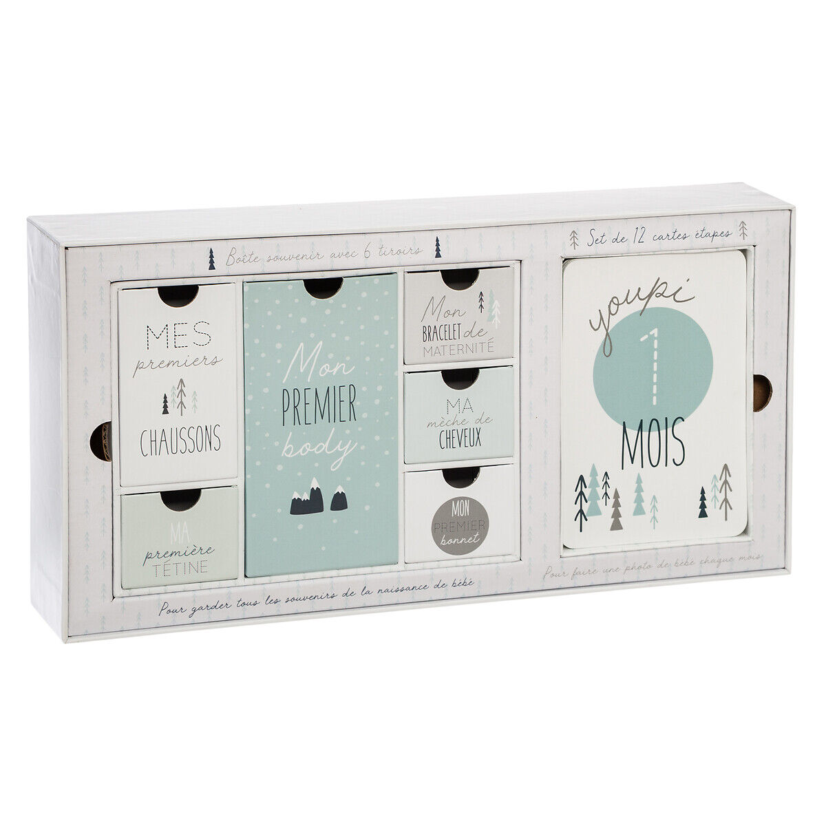 Caixa de lembranças de nascimento com 6 gavetas e 12 cartões azul claro