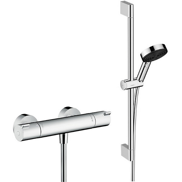 Hansgrohe Ecostat Set Mitigeur thermostatique douche   Douchette à main XXL 105mm 3 jets, flexible douche 160cm, barre 65cm