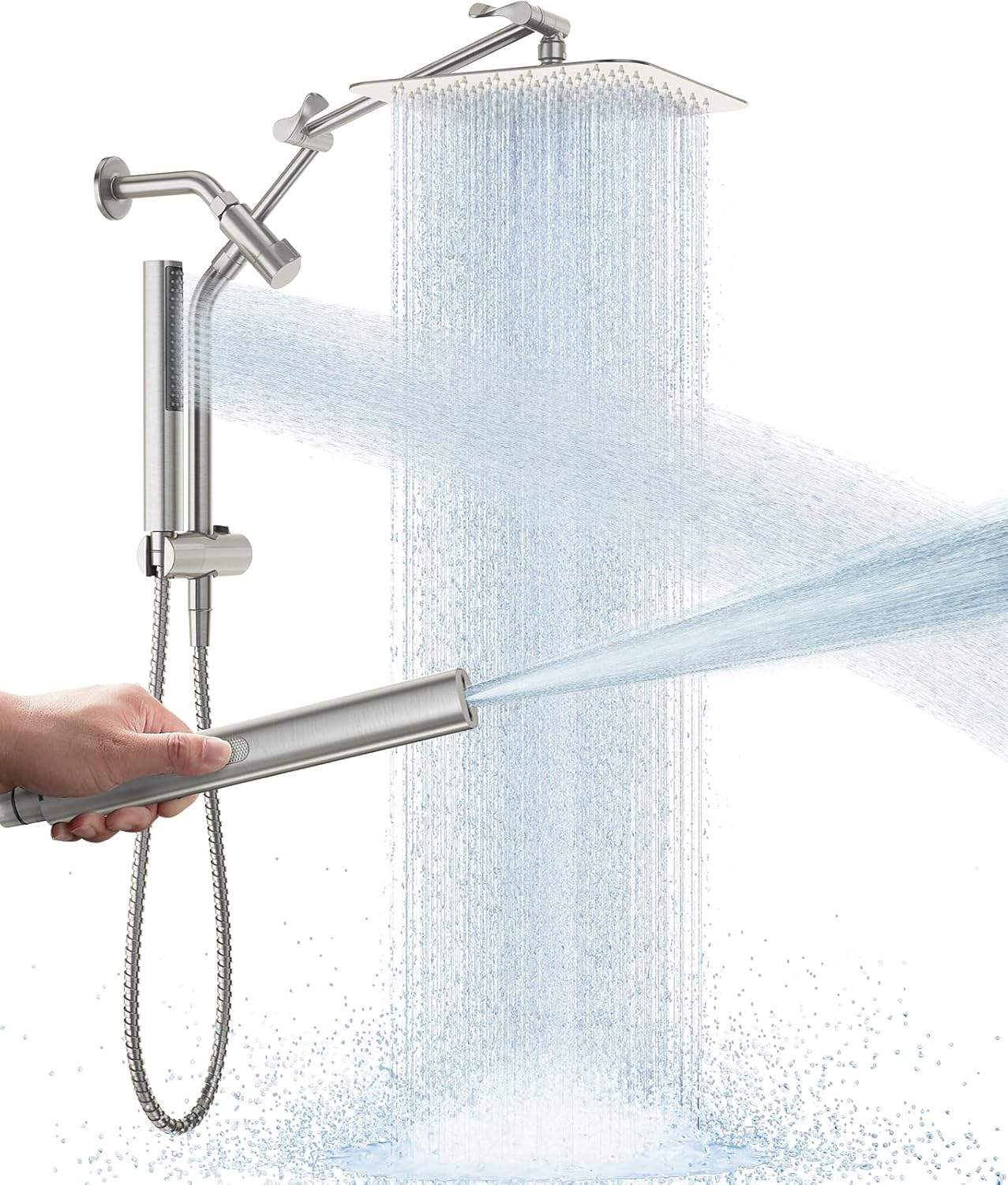 Veken All Metal 10 Brushed Nickel Shower Head with Handheld, Luxurious Square High Pressure Double Rain Shower Heads with Power-wash Hand Held, Dual Detachable Rainfall Showerhead,Bathroom Upgrade