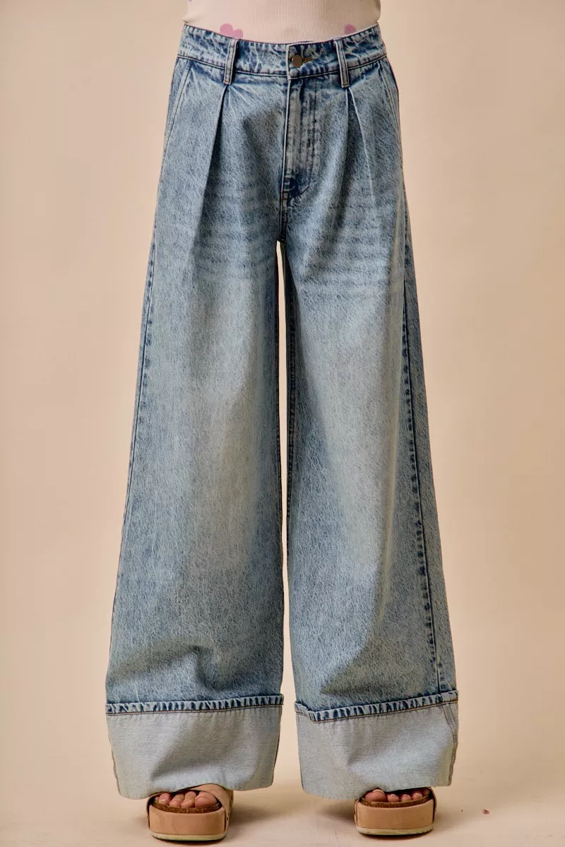 Mid Rise Plated Wid Leg Denim Jean