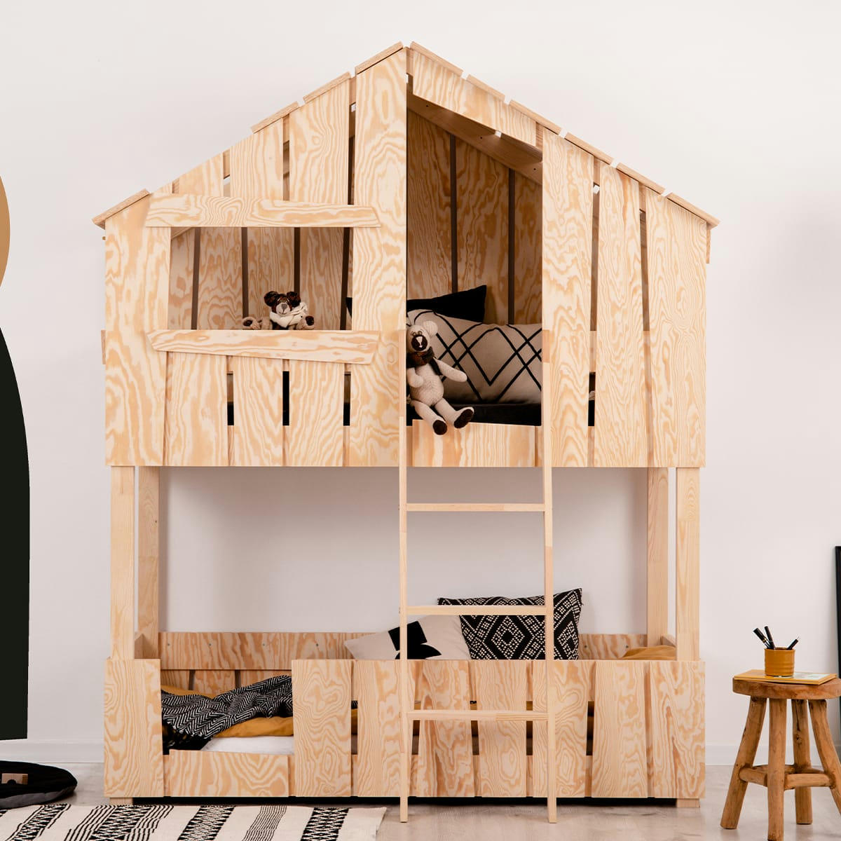 FLORIANE - Lit cabane superposé 90x200 sommier inclus naturel