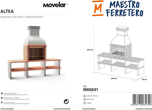 MOVELAR - Barbecue préfabriqué à bois et charbon de bois Altea (Gris, Orange - 268x70x255 cm) REF : M00631 - Usage Extérieur