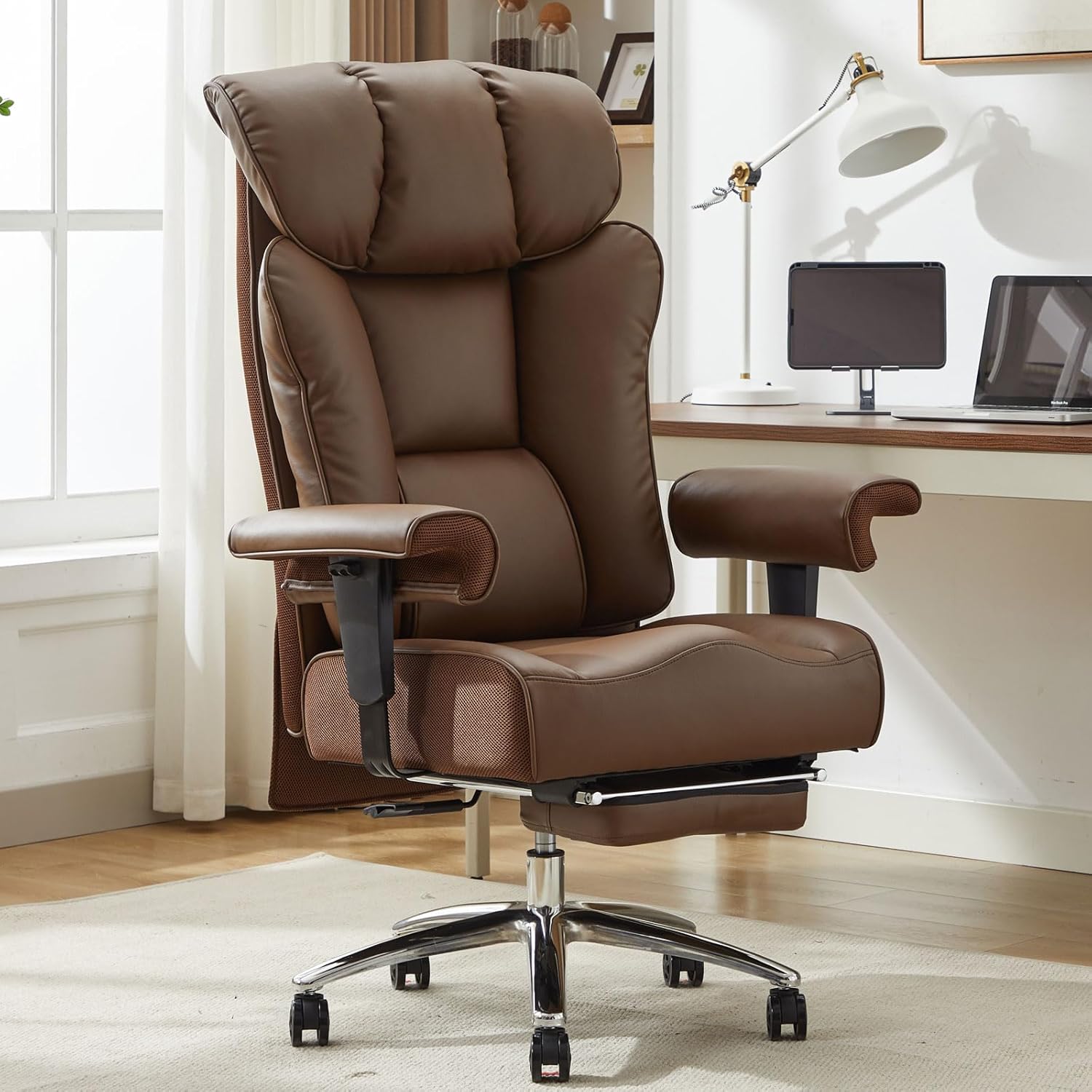 Efomao Big and Tall Office Chair 400lbs - Heavy Duty Executive Desk Chair with Foot Rest & 23 Wide Seat - High Back Ergonomic Leather Computer Chair for Heavy People, Home Office, Brown
