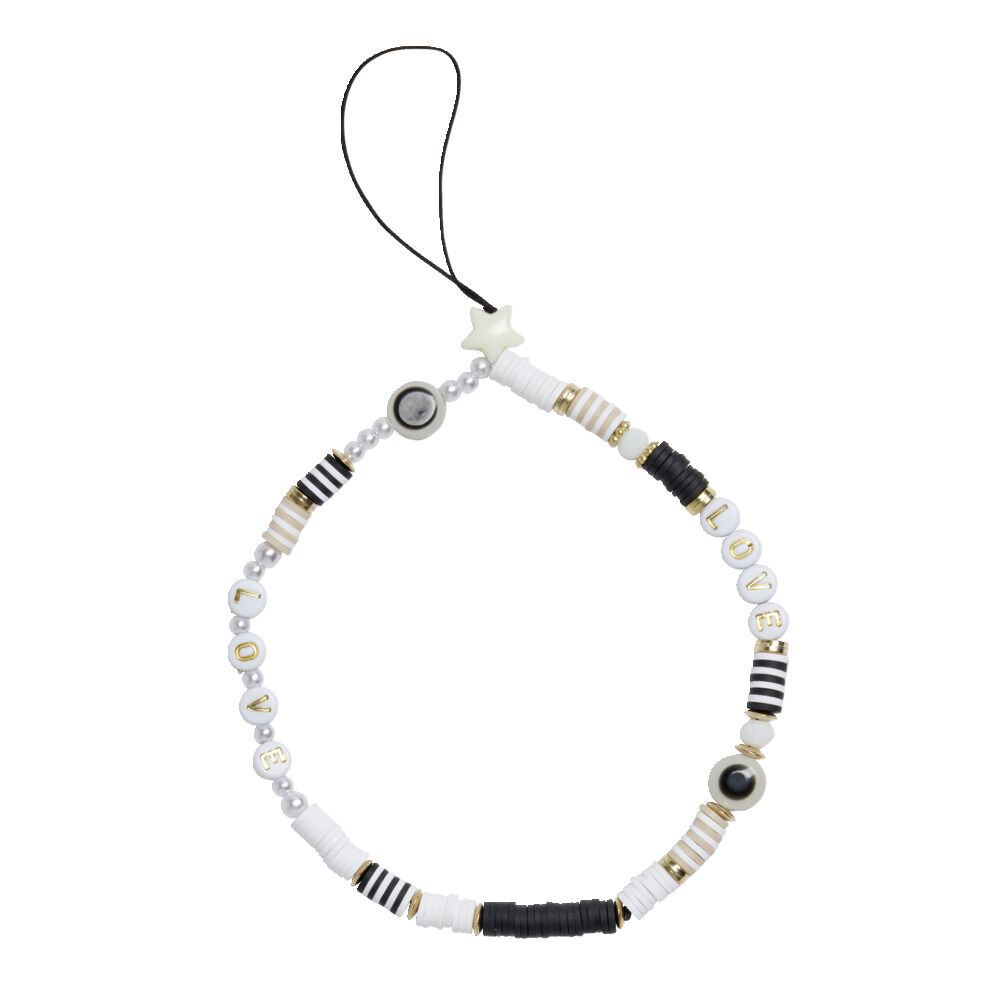 Bijou de téléphone perles doré blanc noir L17cm