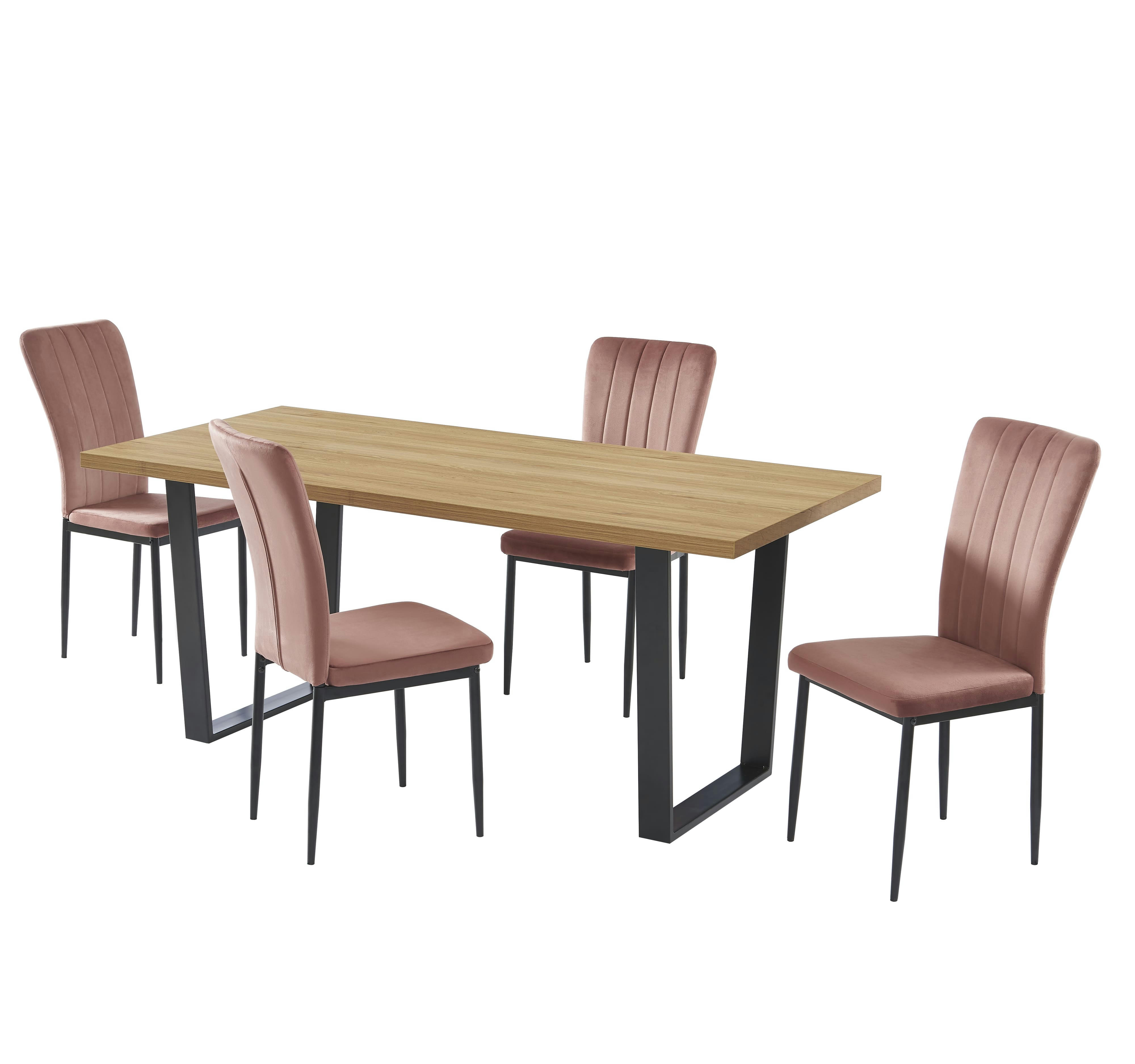 FELIX - Ensemble repas  effet chêne et velours rose 4 chaises