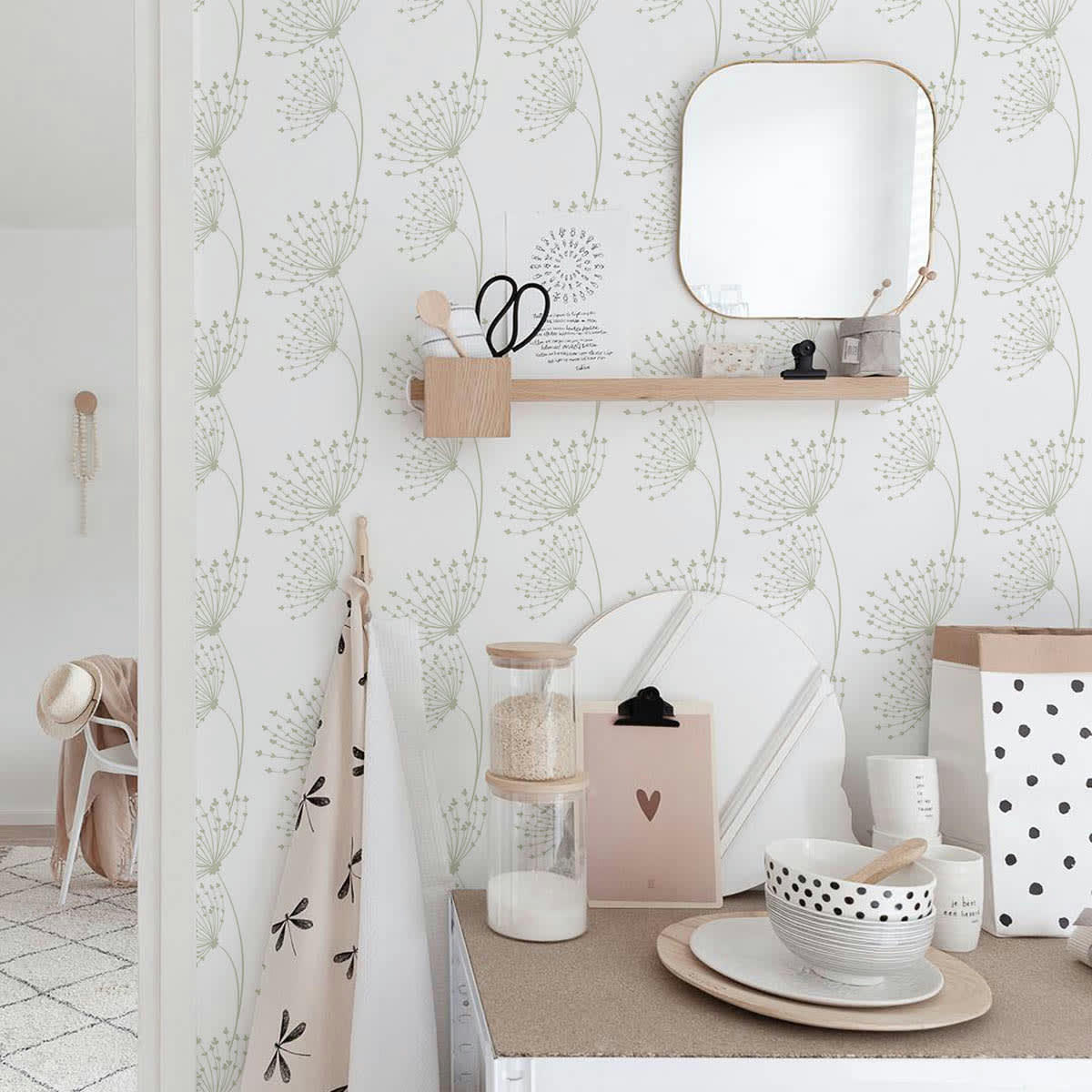 DANDELIONS - Papier peint vinyle adhésif dents-de-lion sauge 50x300 cm