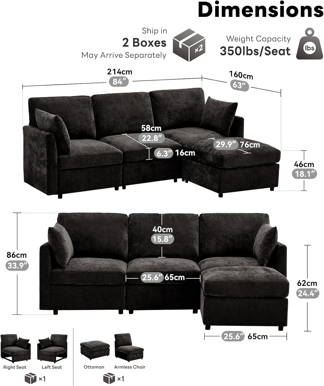Sectional Cloud Couch for Living Room, Spring Cushion Seating, L Shaped Convertible Modular Sofa with Ottoman, Black | Movable, Balanced Comfort, Soft-Strong Chenille, Apartment-Friendly