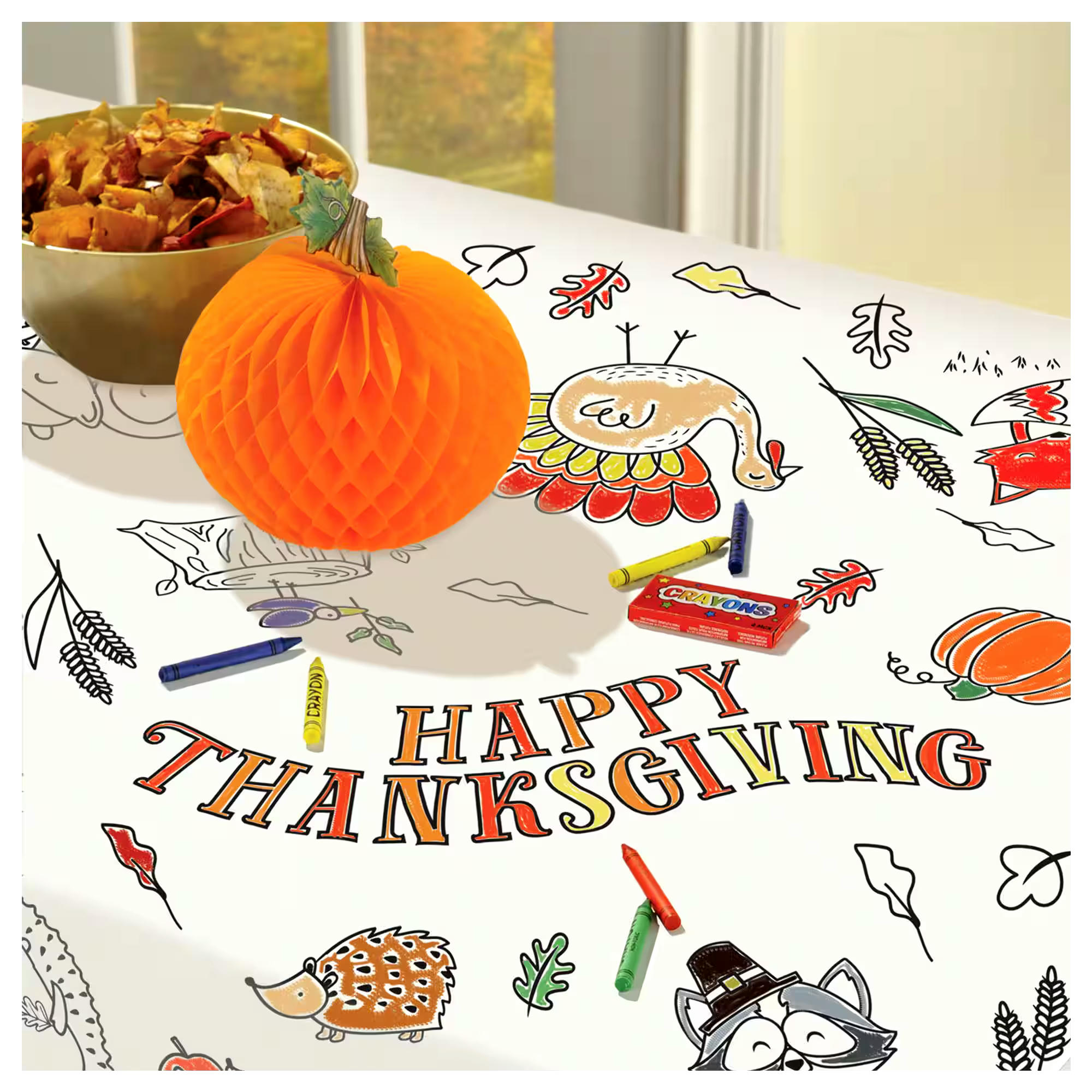 Turkey & Racoon Rectangle Customizable DIY Colouring Paper Table Cover, White, 48-in x 36-in, for Thanksgiving