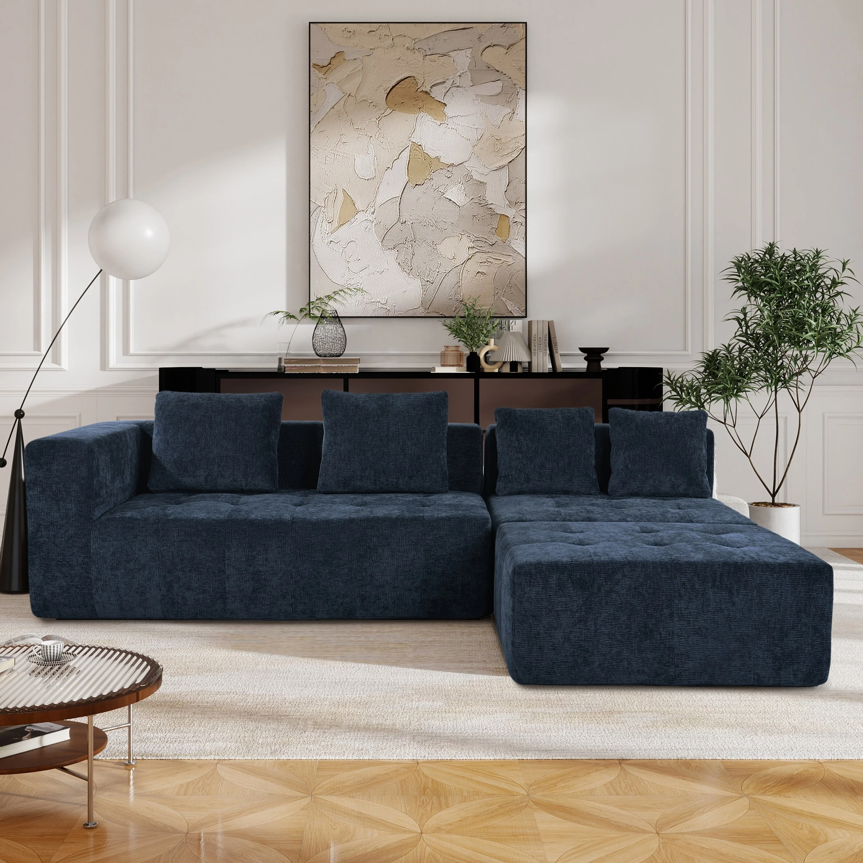 Sectional Couch for Living Room, 4 Seat L Shape Couch Tufted Couch Removable Modular Sofa with Movable Ottoman & 4 Cushions