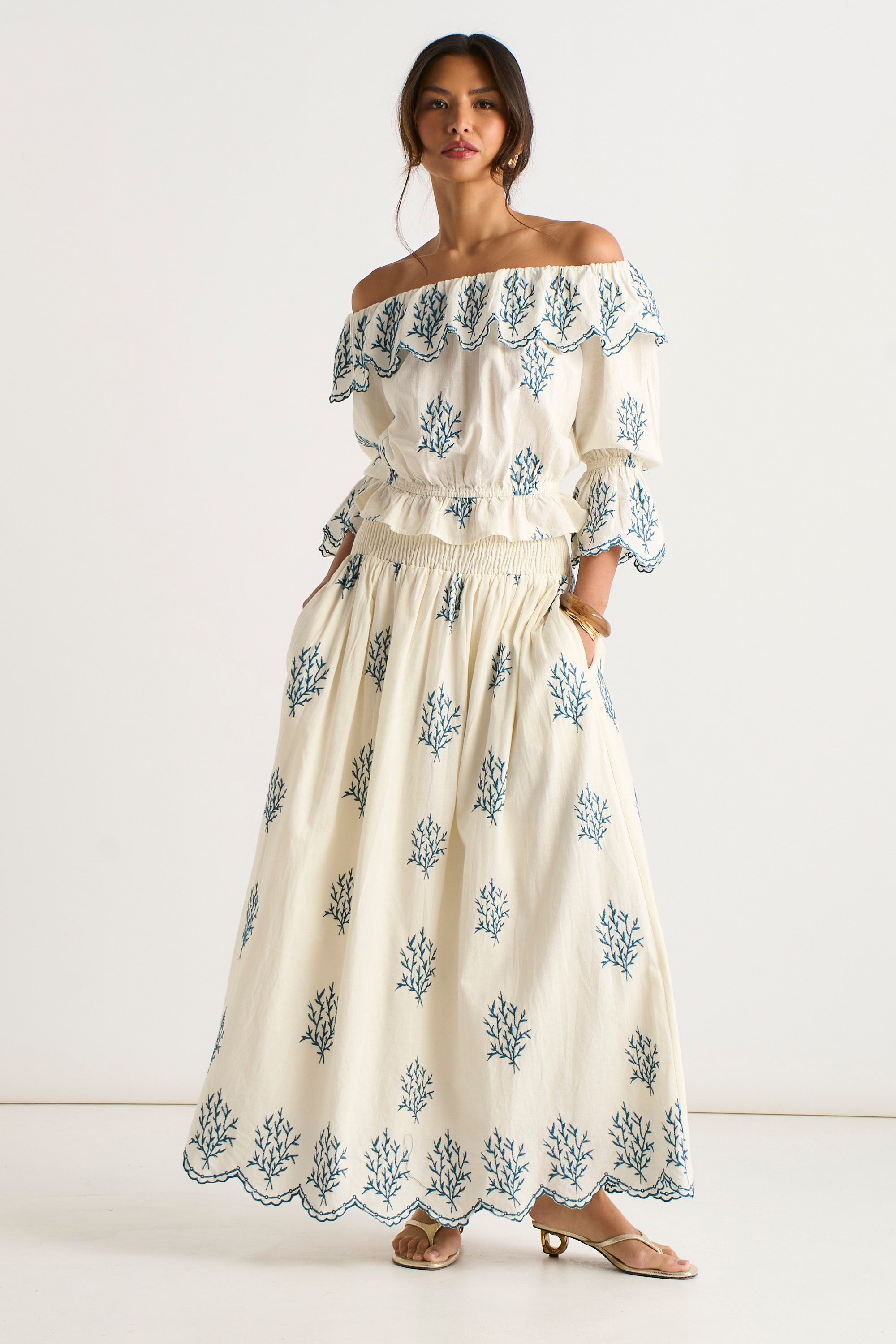 Gini London Marshmallow Cotton Embroidered Skater Maxi Skirt
