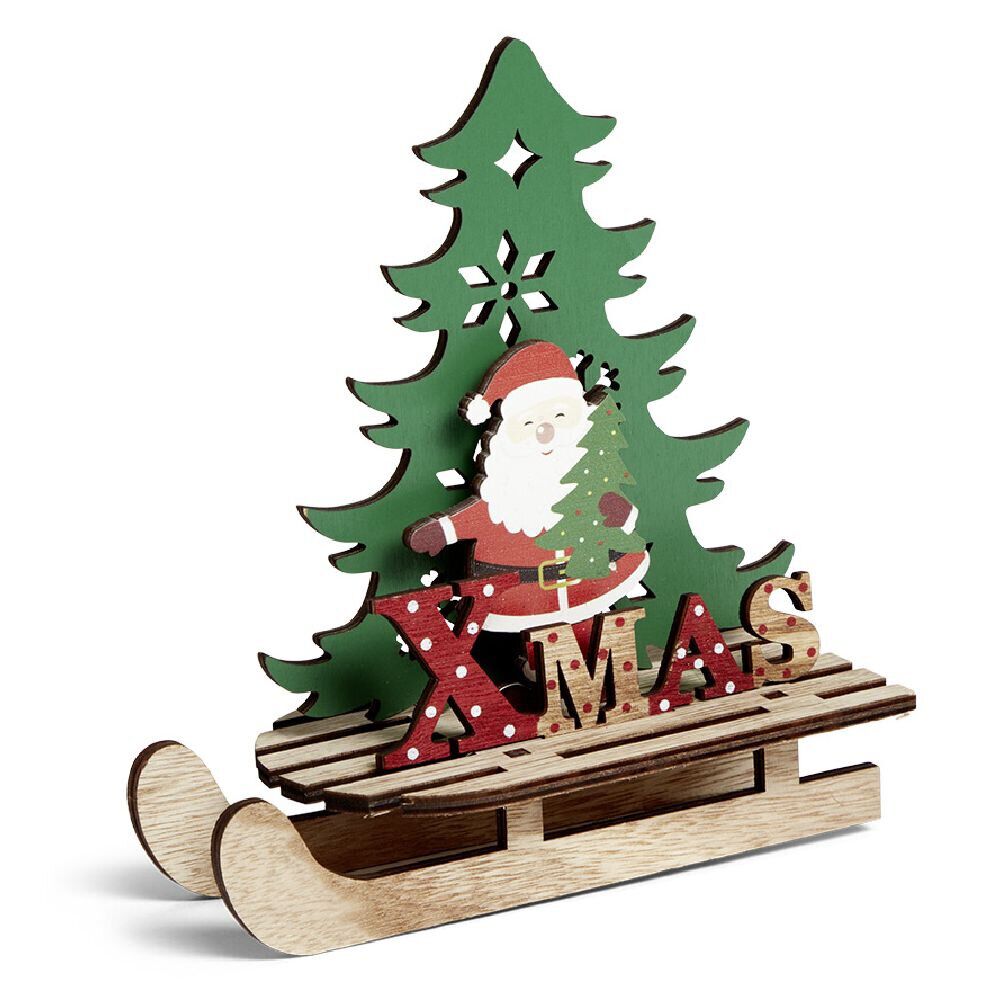 Décoration No&euml;l à poser en bois luge avec Père No&euml;l ou renne H19cm