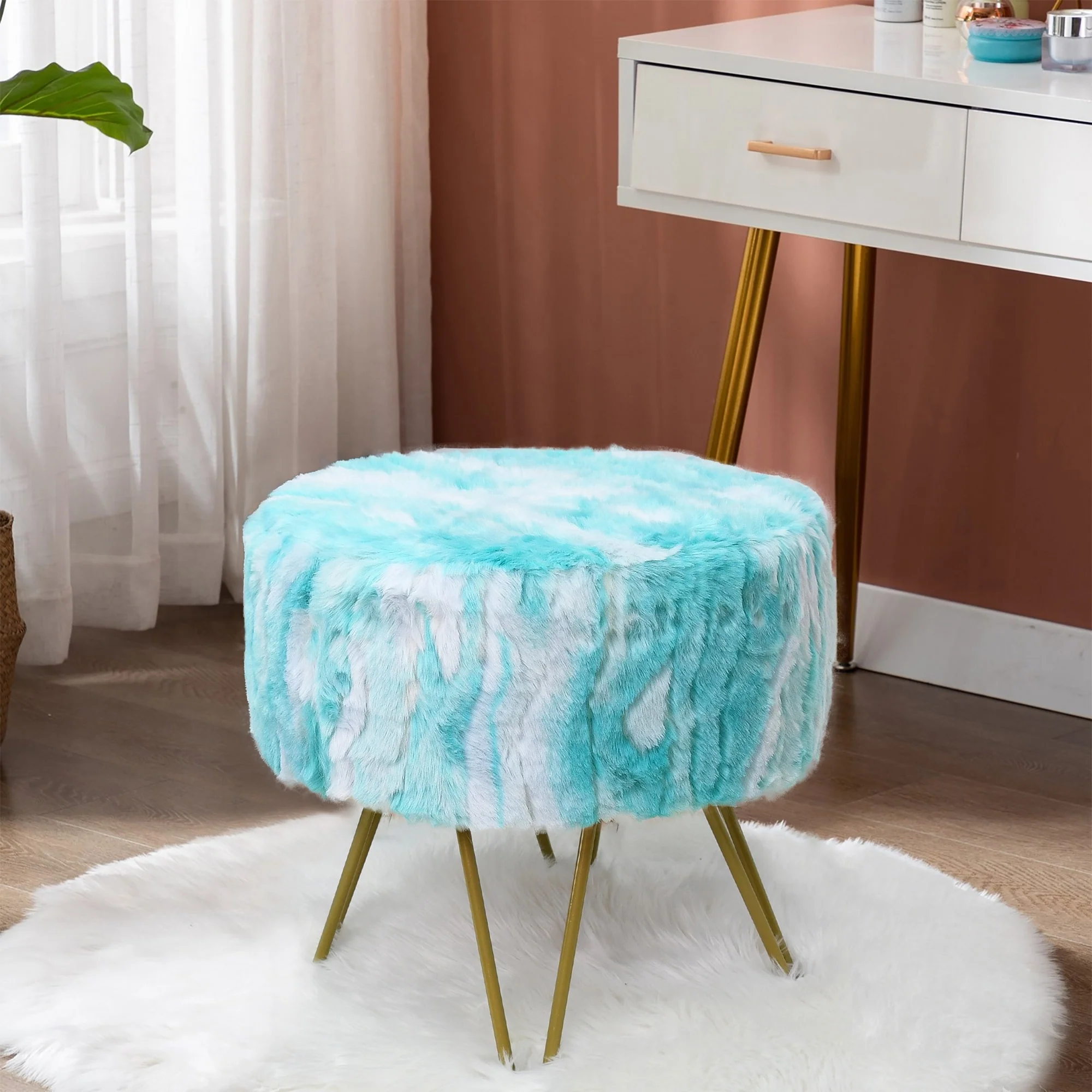 Home Soft Fauxfur Ottoman Round Fuzzy Entryway Bench 18x18x18