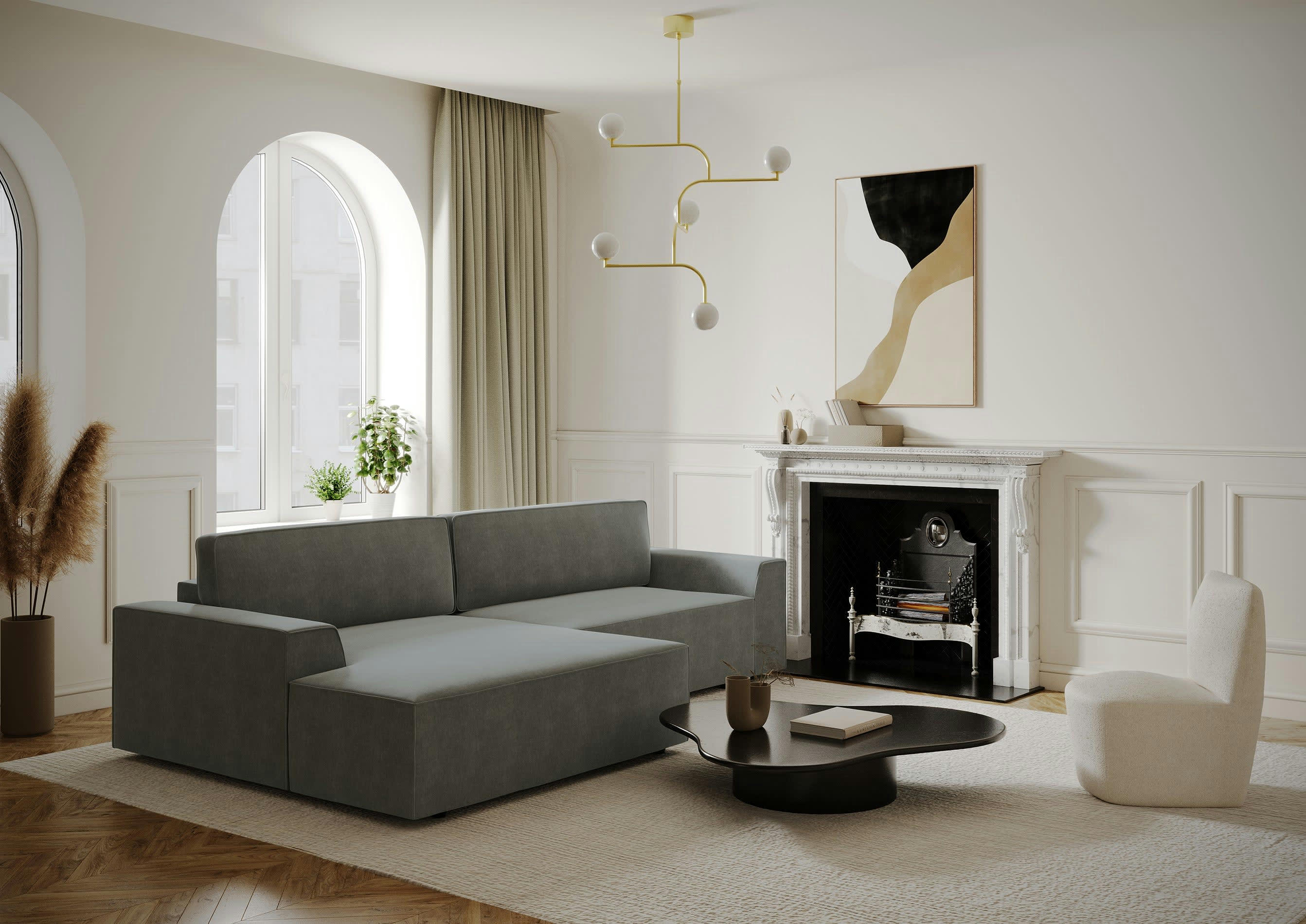 ELIOTT - Canapé angle gauche convertible coffre velours gris 300x174cm