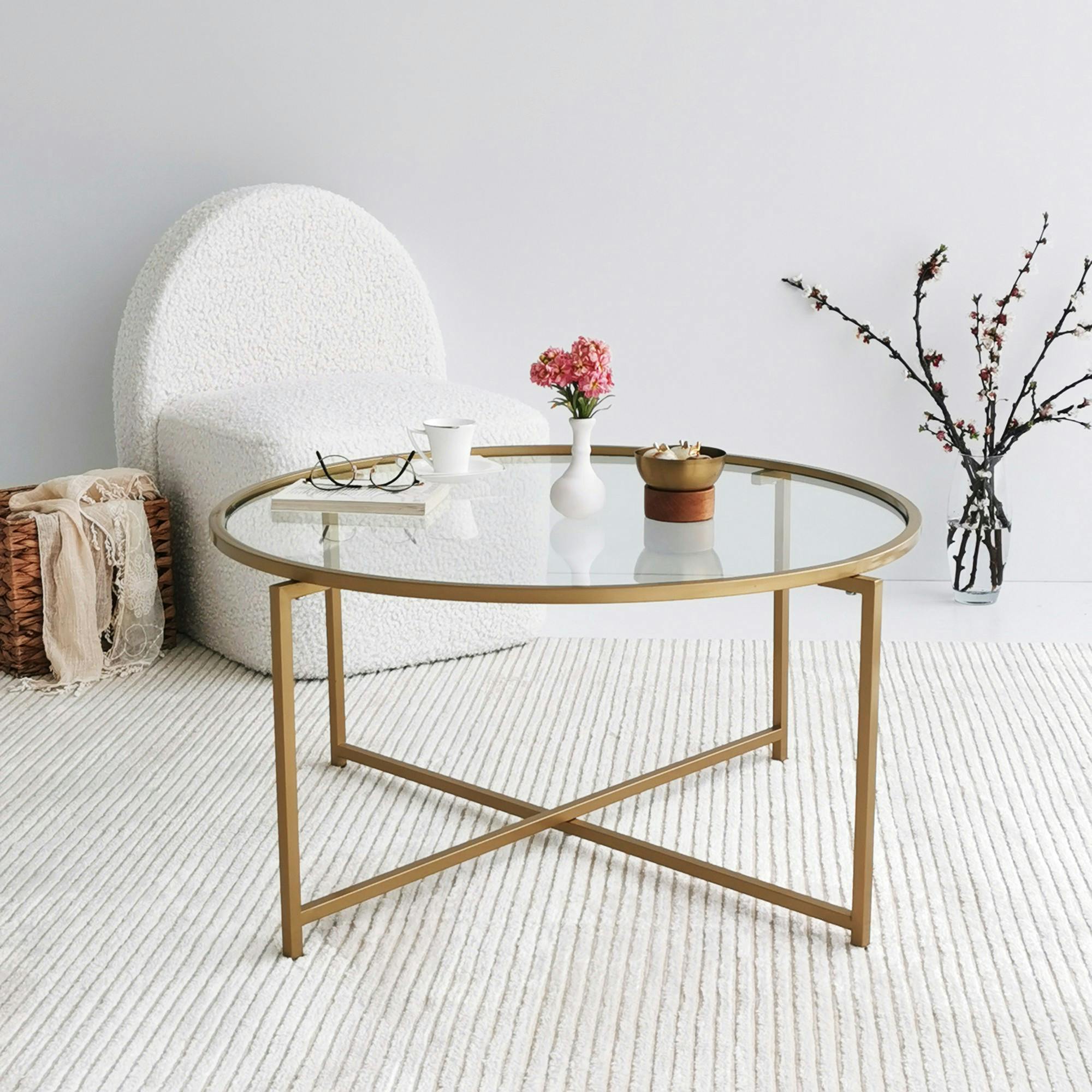 Table basse ronde design - verre & métal doré TULUM