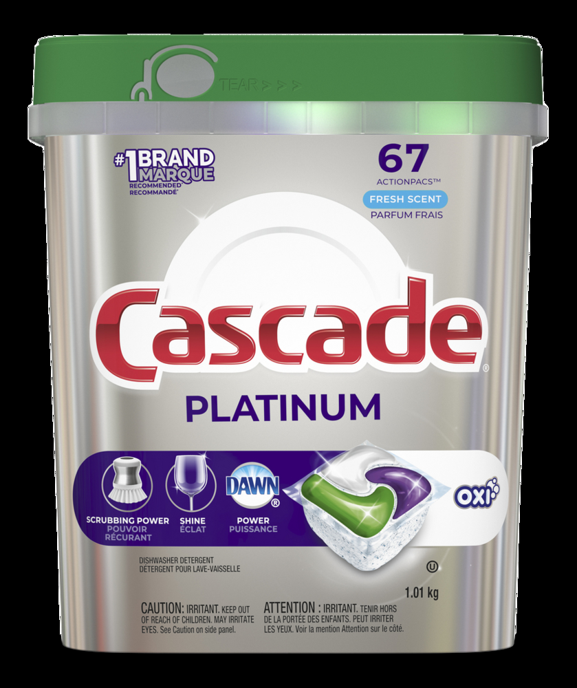 Cascade Platinum ActionPacs + Oxi, Dishwasher Detergent Pods, Fresh, 67 Count