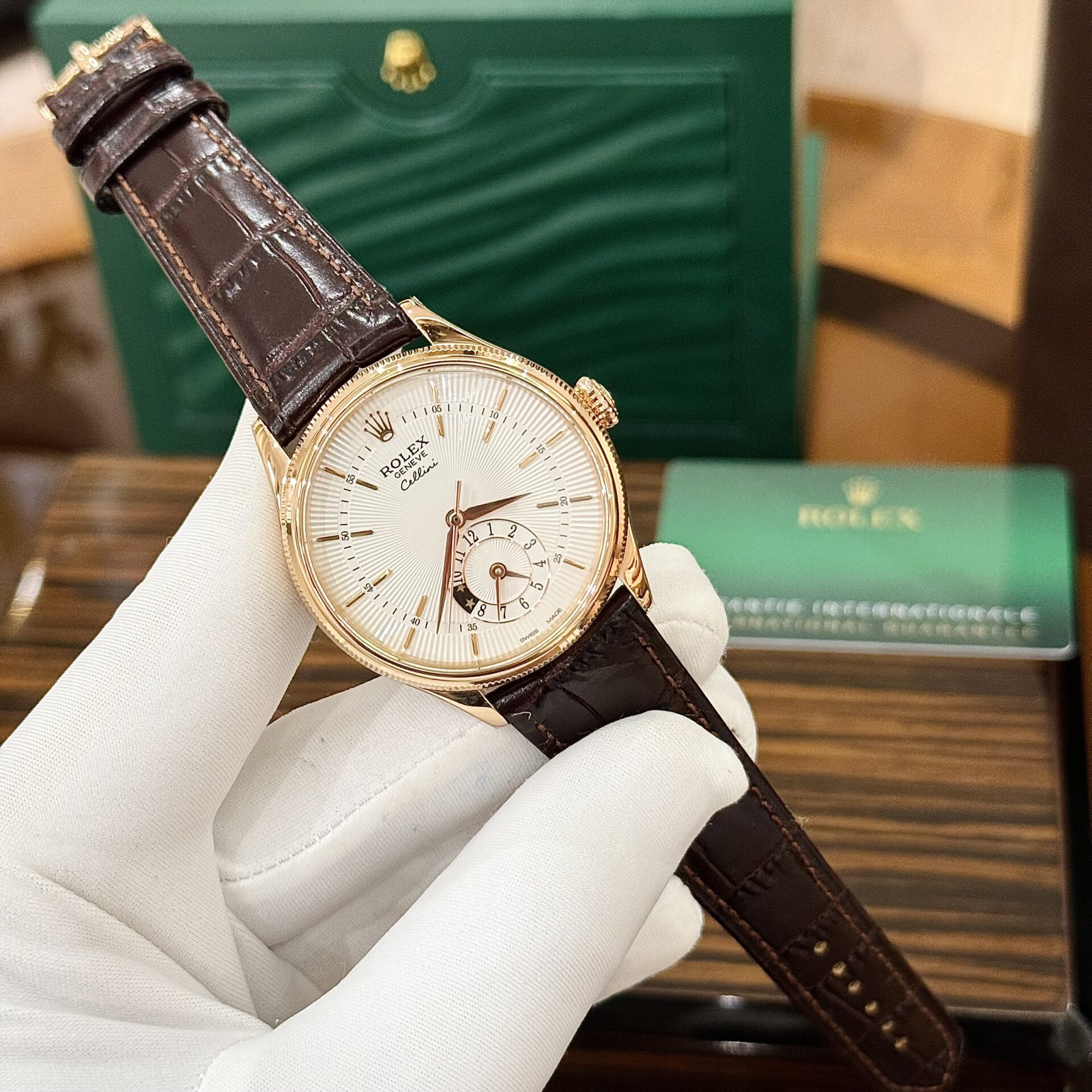 Rolex Cellini 50525 RG Plated White Dial 39mm Brown Leather AAA Replica