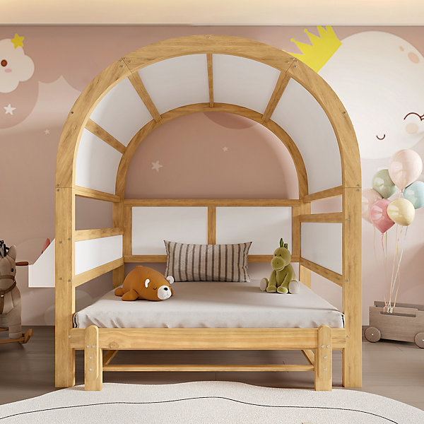 Lit 140x200 cm avec toit voûté et lit gigogne coulissant, design maison en pin et MDF blanc et naturel