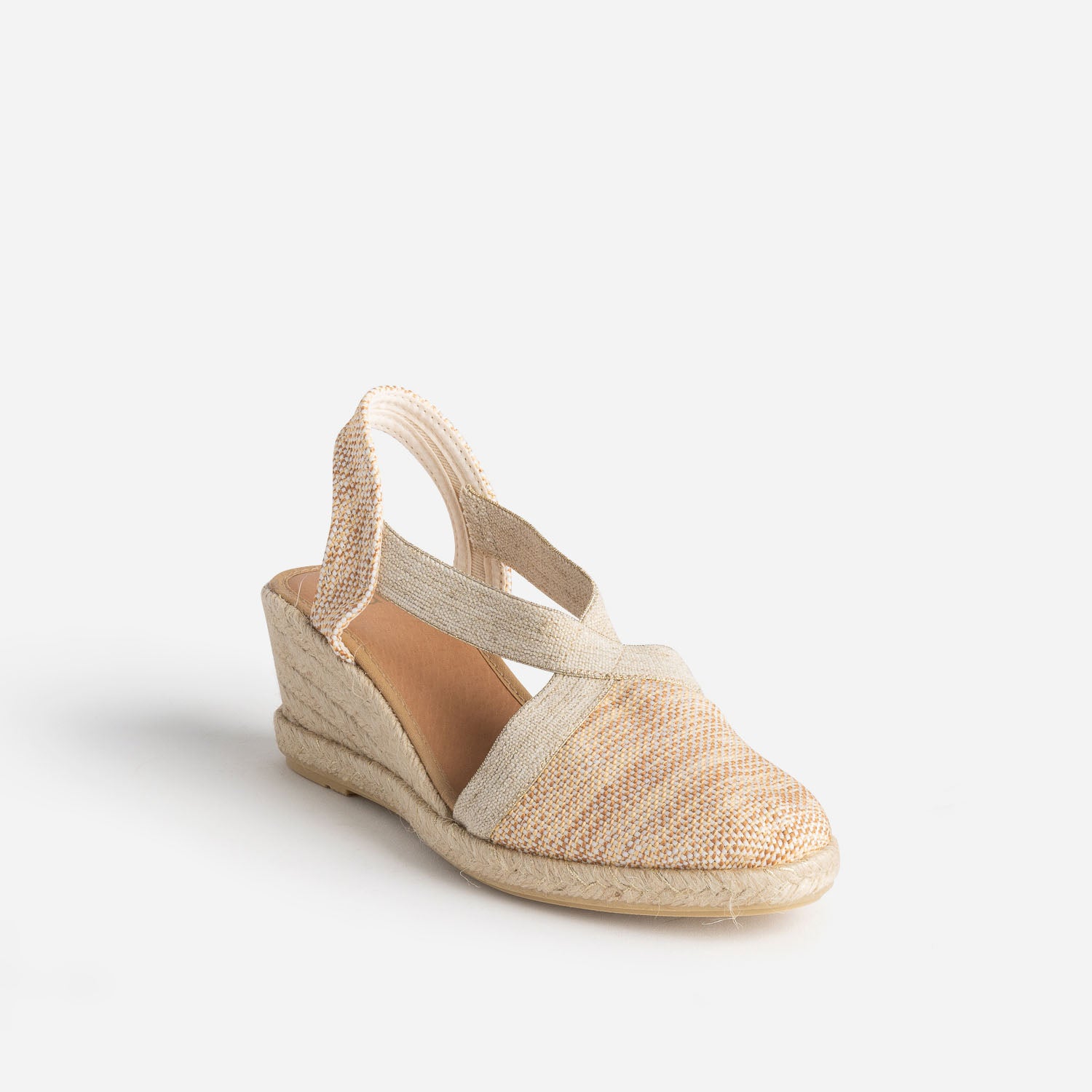Espadrille compensée beige et camel pailleté or en toile
