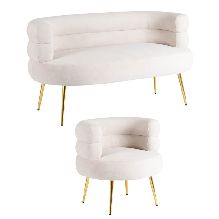 Zestaw Mebli Sofa i Fotel Glamour Mała Kanapa Do Salonu Kremowy Złoty