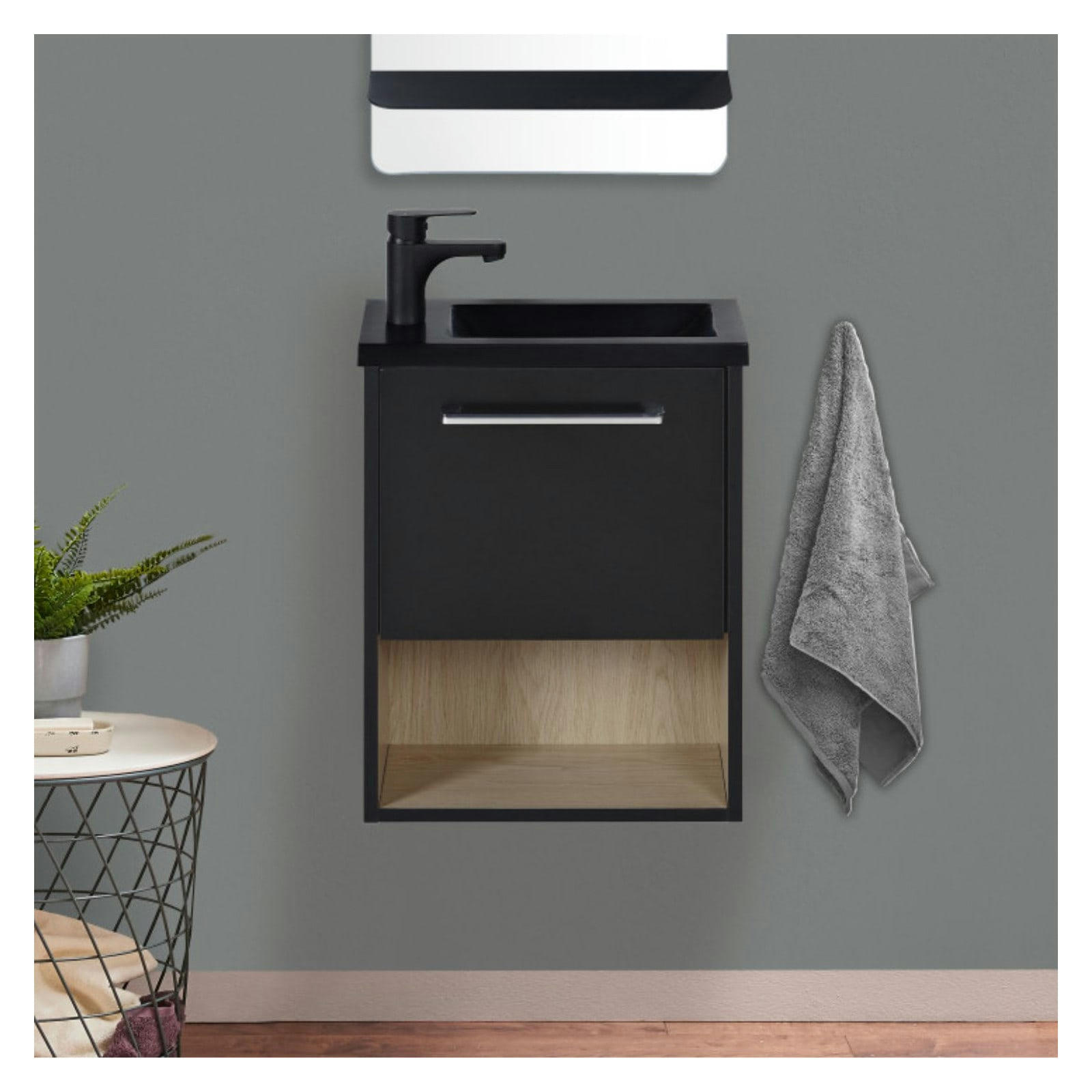 NIKA - Meuble lave-mains  Noir intérieur décor chêne + robinet noir