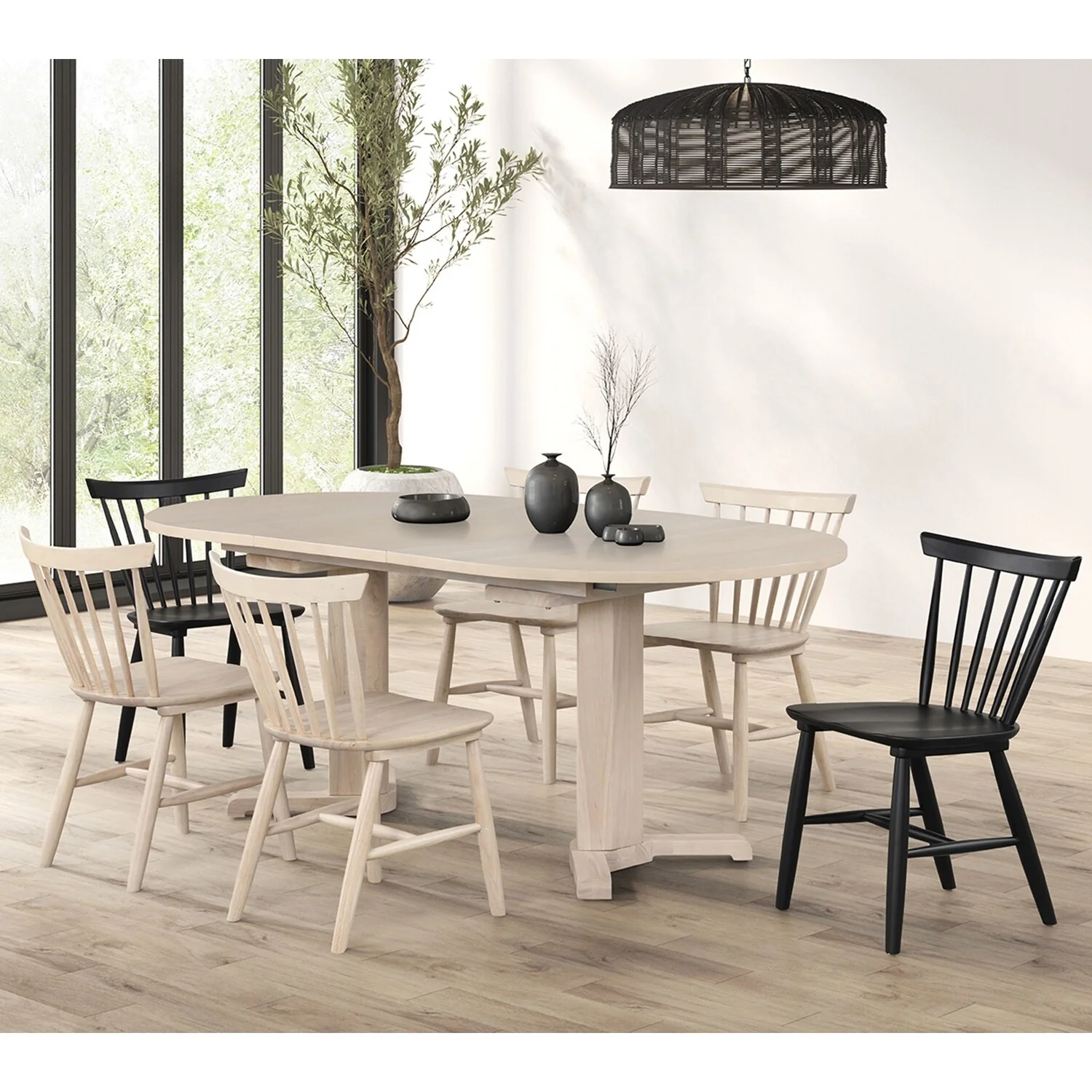 7 Piece Wooden Dining Set with Tapered Legs in White Oak and Black