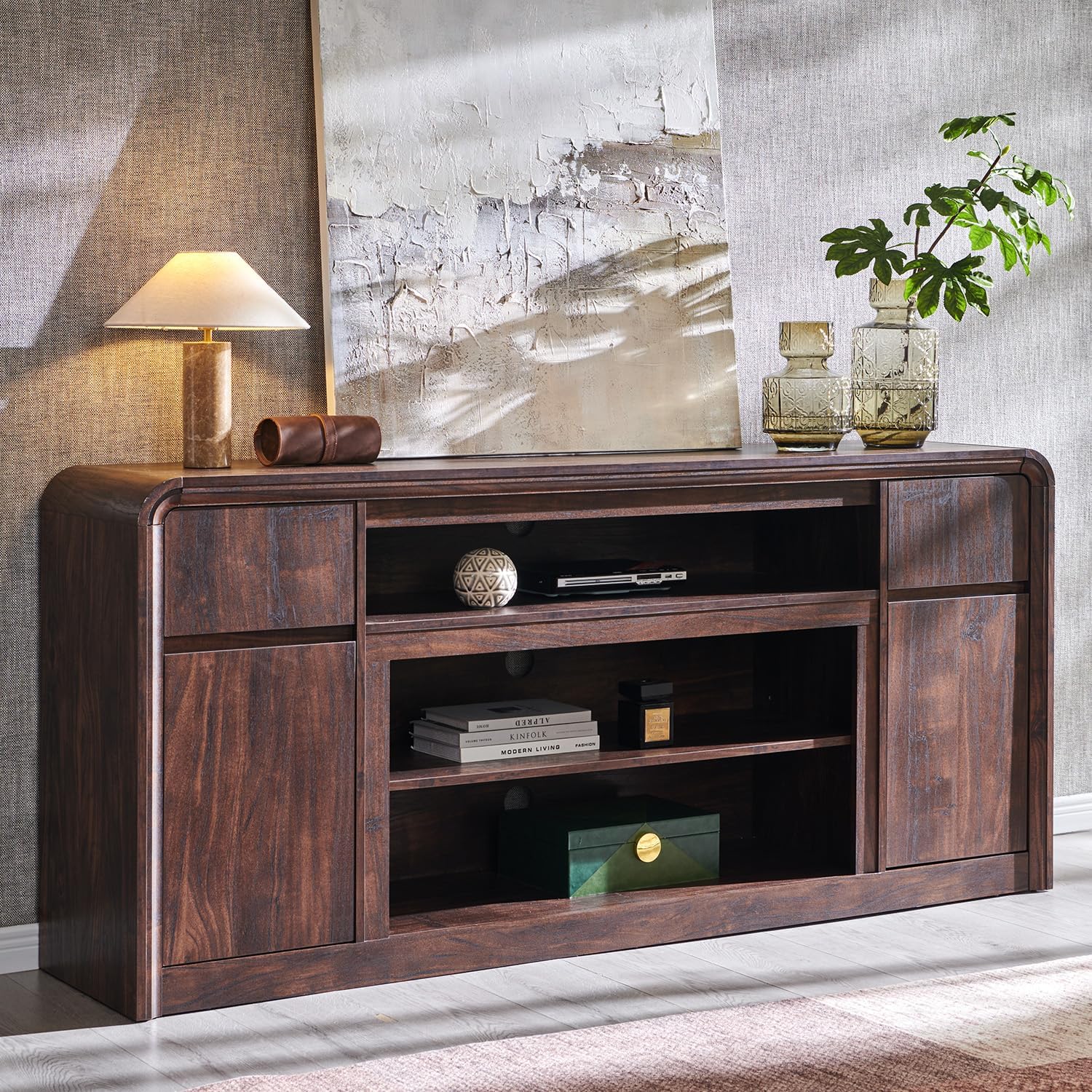 Modern TV Stand for 80 Inch TVs, 32Tall Entertainment Center w/Storage Cabinet& drawers, Media Console Cabinet w/Soundbar & Adjustable Shelves for Living Room, Curved Profile Design, 70 inch (Brown)