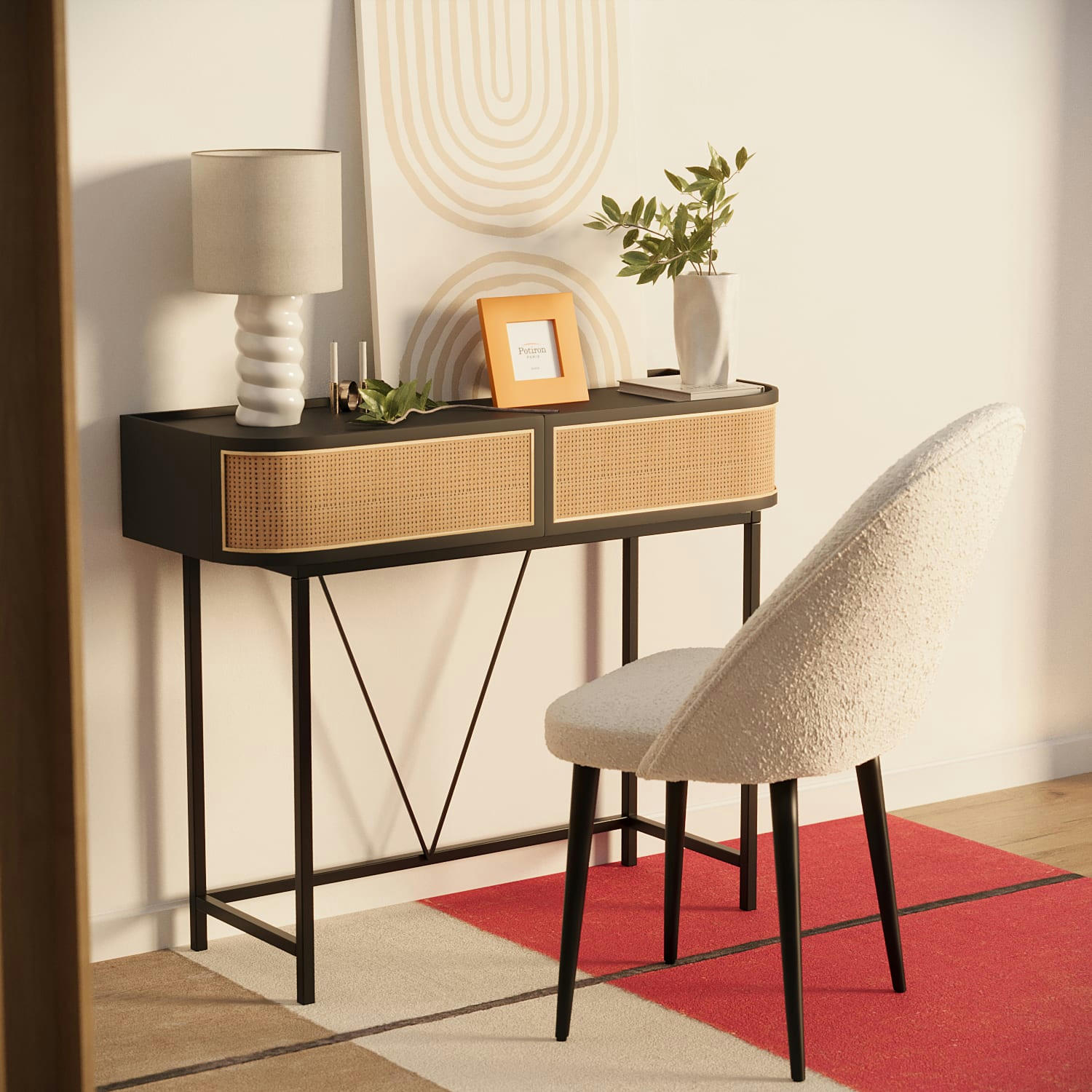 DAPHNE - Table console noire avec tiroirs rotin tressé