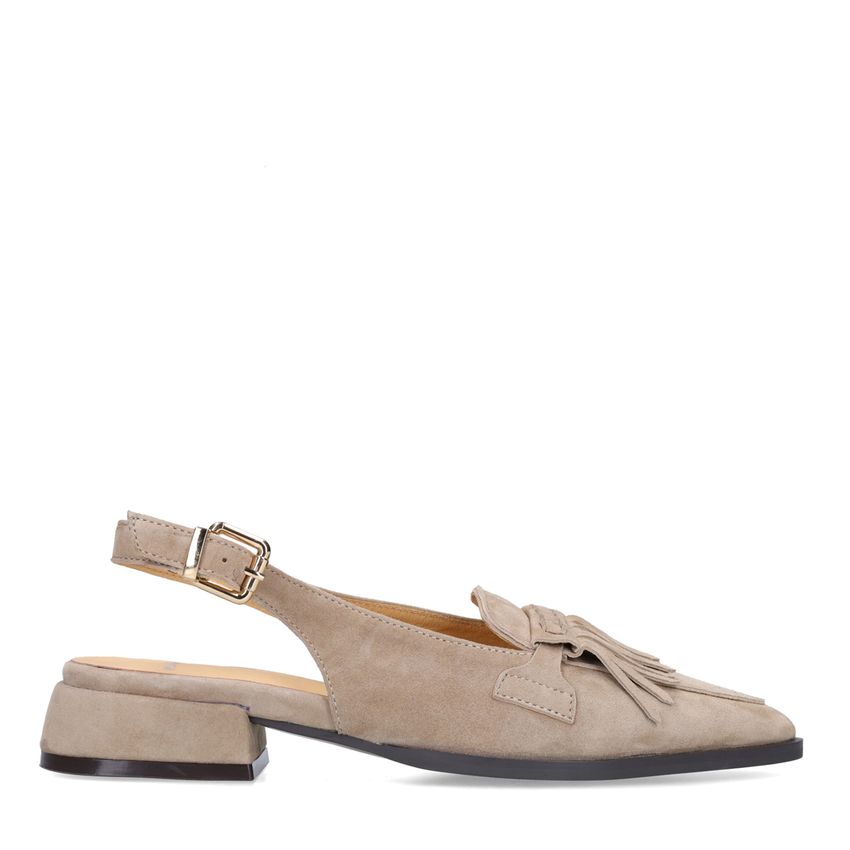 Manfield Taupe suède slingbacks met franjes