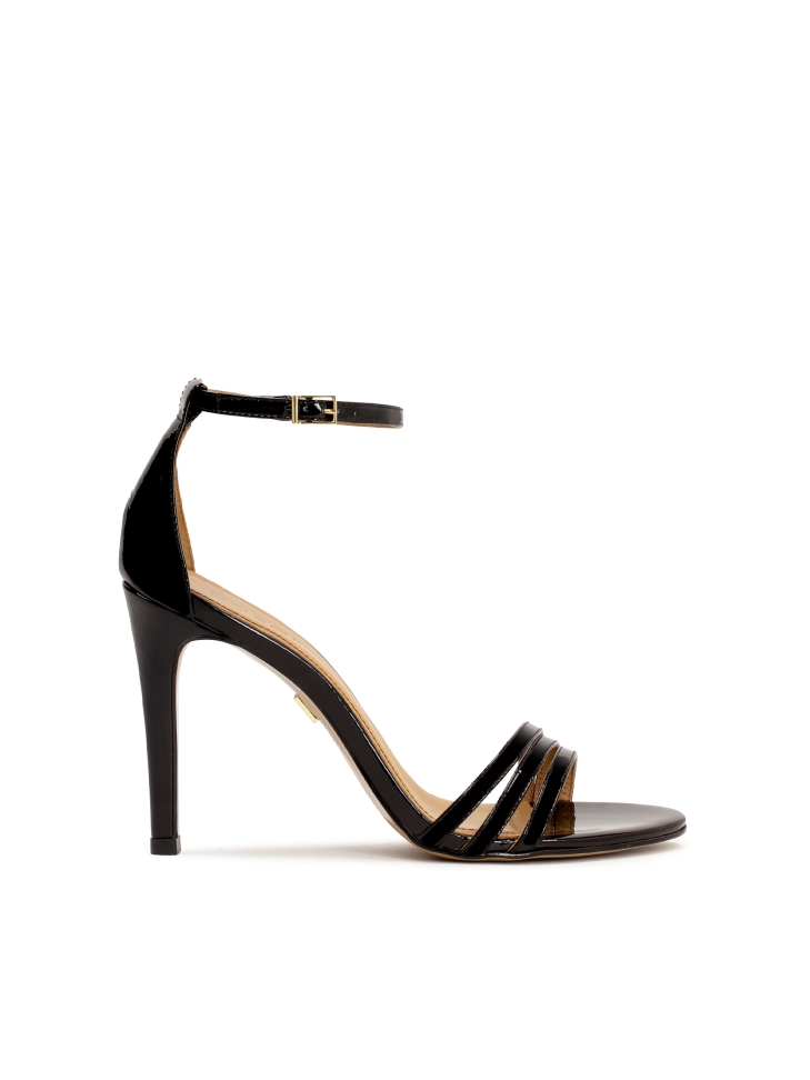 Black patent leather sandals with covered heel