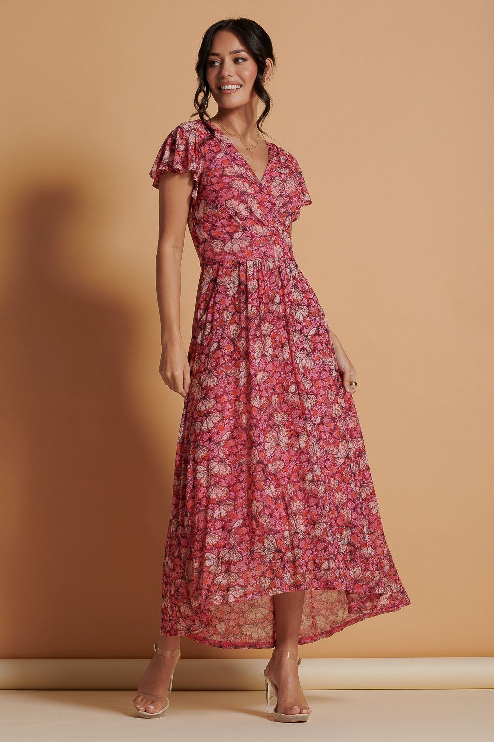 Jolie Moi Mesh V-Neck Maxi Dress