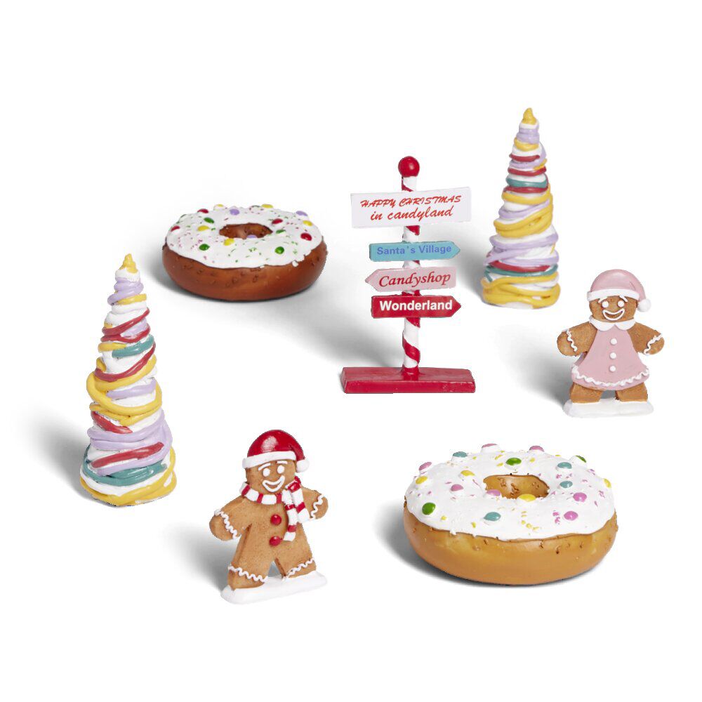 Lot de 7 accessoires pour village animé de No&euml;l thème gourmand