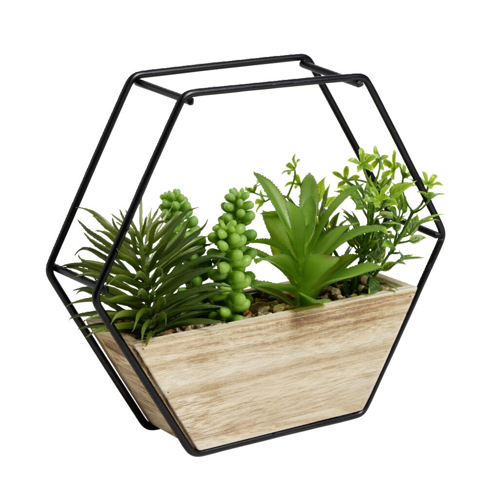 Pot hexagonal avec plantes vertes artificielles en bois et métal 20,5x5xH20,5cm