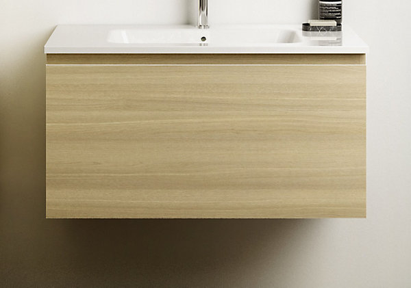 Meuble vasque suspendu effet chêne l.90 cm   plan vasque blanc mat résine, Pura