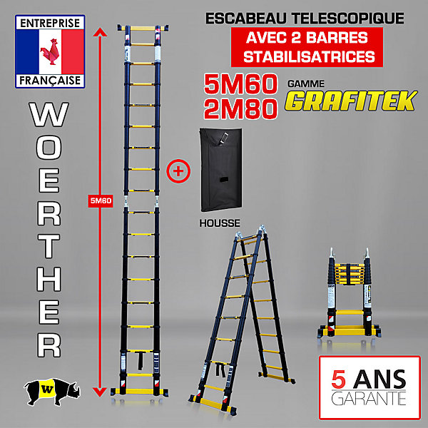 Escabeau-échelle télescopique Woerther 5m60/2m80 avec double barres stabilisatrices plus housse