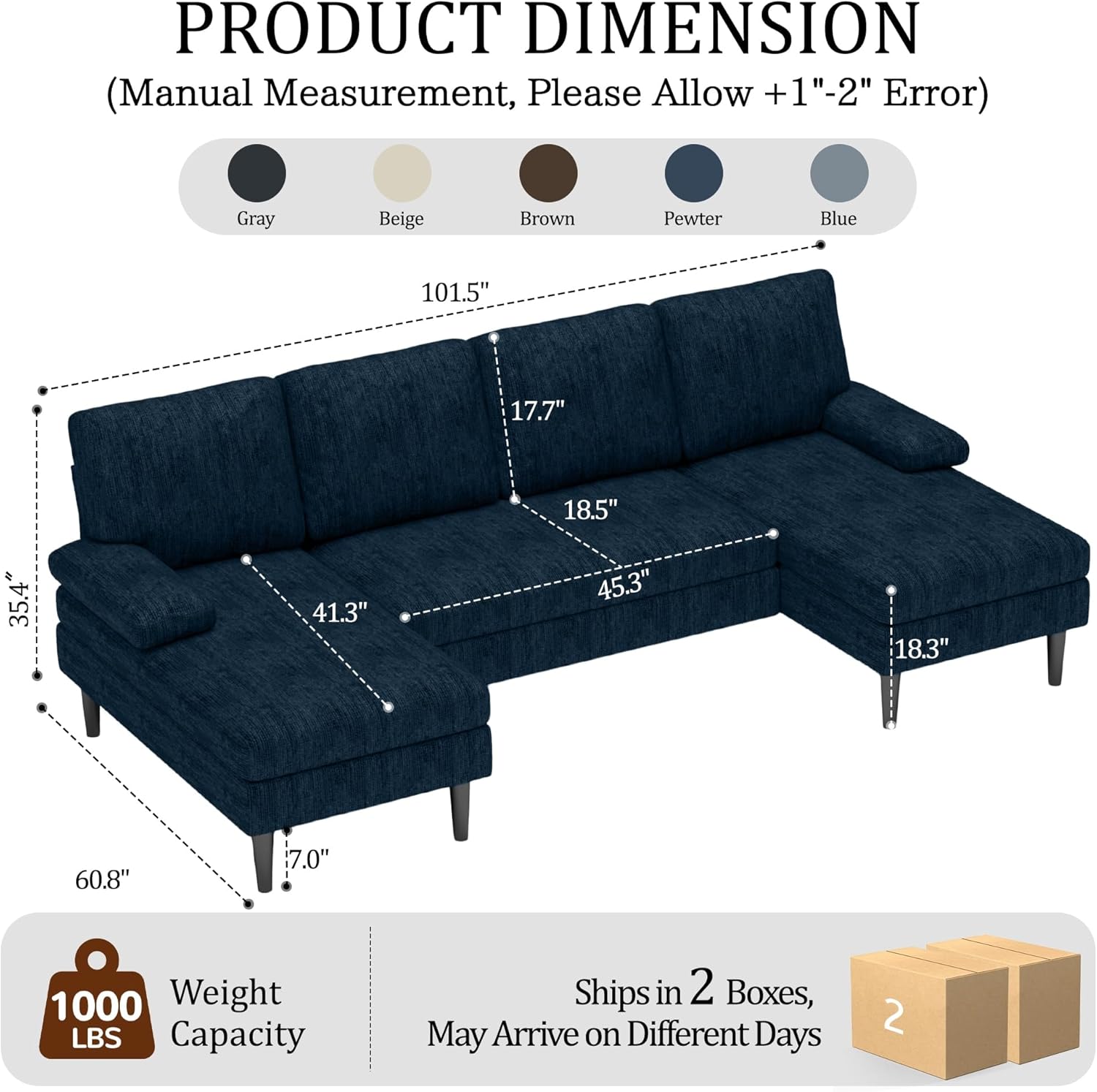 Korser U-Shaped Sectional Couches for Living Room, 101 Inch Modern Modular Sofa with Double Chaise Lounge, Comfy Chenille Fabric 4-Seat Couch Set for Apartment, Blue