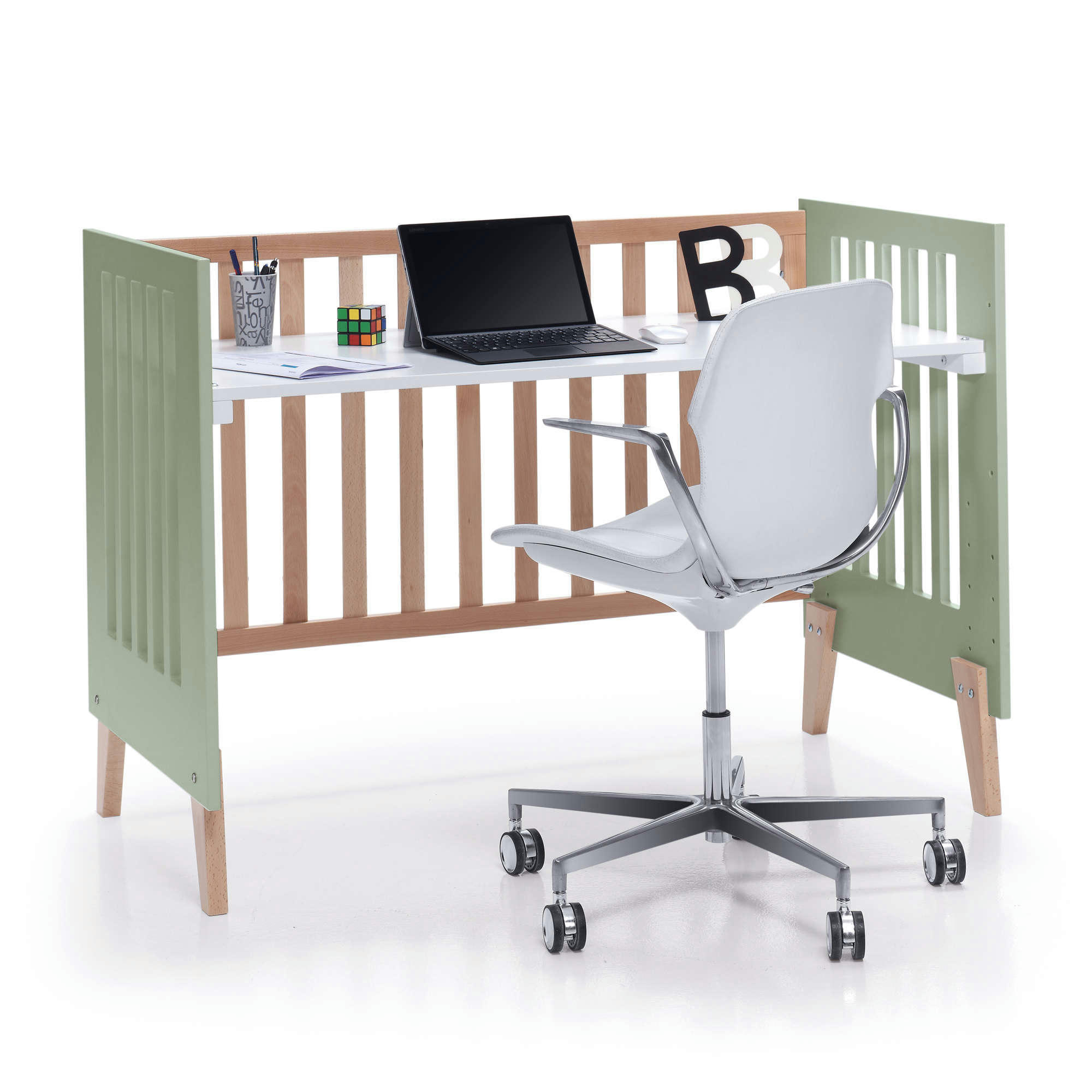 NEXOR - Lit bébé - bureau (2en1) 60x120 cm en vert olive