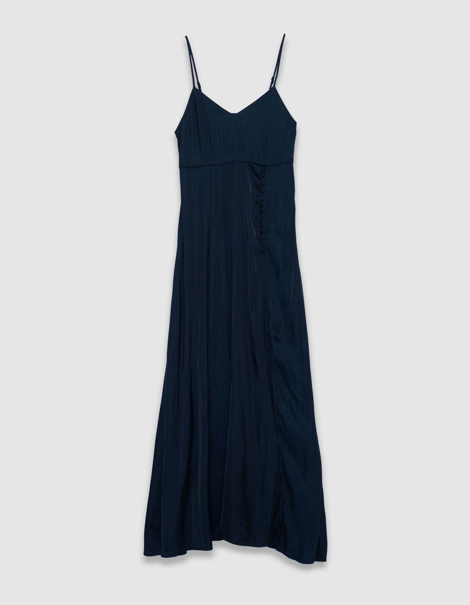 Robe longue marine fines bretelles détails boutons Femme