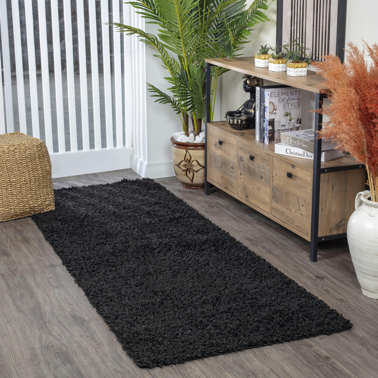 LILLY - Tapis de Couloir Shaggy Uni Chic Noir 80x220