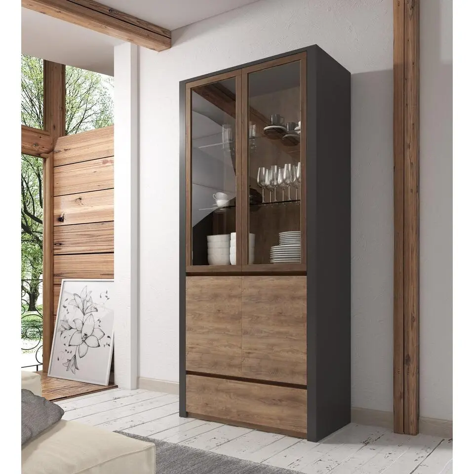 Meubella - Vitrinekast Monaco - Eiken - Grijs - 90 cm